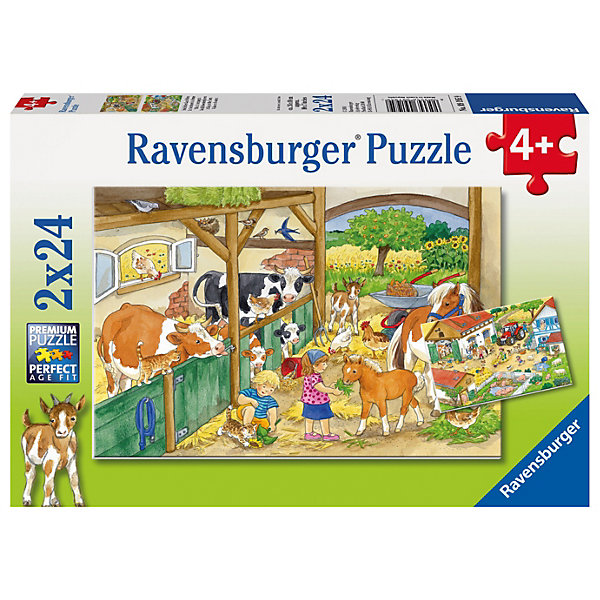 Пазл «День на ферме», 2х24 деталей, Ravensburger Пазл «День на ферме», 2х24 деталей, RavensburgerПазлы для малышей<br>Пазл День на ферме способствует развитию памяти, моторики рук, усидчивости и сообразительности ребёнка. Воссоздавая картинку, малыш легко запомнит животных, изображенных на ней, а так же познакомится с работой на ферме. Собирать пазл будет легко, ведь все детали изготовлены из прочного материала, который не будет расклеиваться при использовании. Также изделие безопасно для ребёнка, так как изготовлено из экологического сырья. Ваш ребёнок будет рад такому подарку! <br><br><br>В товар входит:<br>-24 деталей<br><br>Дополнительная информация:<br>-Размер картинки – 26*18 см <br>-Размер упаковки – 28*19*4 см<br>-Возраст: от 4 лет<br>-Для мальчиков и девочек<br>-Состав: картон, бумага<br>-Бренд: Ravensburger (Равенсбургер)<br>-Страна обладатель бренда: Германия<br><br>Ширина мм: 278<br>Глубина мм: 190<br>Высота мм: 38<br>Вес г: 279<br>Возраст от месяцев: 48<br>Возраст до месяцев: 72<br>Пол: Унисекс<br>Возраст: Детский<br>Количество деталей: 24<br>SKU: 3412904