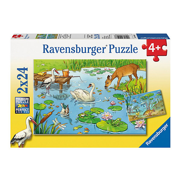 Набор пазлов «На пруду» 2х24 деталей, Ravensburger Набор пазлов «На пруду» 2х24 деталей, RavensburgerПазлы для малышей<br>Замечательный развивающий Набор пазлов «На пруду» 2х24 деталей, Ravensburger (Равенсбургер), несомненно, понравится Вашему ребенку и увлечет его в мир лесных и подводных животных. Собрав элементы вместе, получатся 2 оригинальные композиции, которые с разных сторон показывают жизнь вокруг тихого пруда. На одной картинке «вид сверху» – животные, пришедшие к пруду напиться. На другом изображении – подводное царство, полное рыб и водорослей. <br><br>Характеристики:<br>-Элементы идеально соединяются друг с другом, не отслаиваются с течением времени<br>-Высочайшее качество картона и полиграфии <br>-Матовая поверхность исключает отблески<br>-Развивает: память, мышление, внимательность, усидчивость, мелкая моторика<br>-Полезное и занимательное времяпрепровождение для всей семьи<br>-Для сохранения в собранном виде можно использовать скотч или специальный клей для пазлов (в комплект не входит)<br><br>Дополнительная информация:<br>-Материал: плотный картон, бумага<br>-Размер каждого собранного пазла: 26х18 см<br>-Размер упаковки: 28х19х4 см<br>-Вес упаковки: 0,3 кг<br><br>Сборка пазлов На пруду без сомнений увлечет любознательного ребенка, а в результате у него получится собрать две красочные картины!<br><br>Набор пазлов «На пруду» 2х24 деталей, Ravensburger (Равенсбургер) можно купить в нашем магазине.<br><br>Ширина мм: 279<br>Глубина мм: 195<br>Высота мм: 38<br>Вес г: 279<br>Возраст от месяцев: 48<br>Возраст до месяцев: 72<br>Пол: Унисекс<br>Возраст: Детский<br>Количество деталей: 24<br>SKU: 3412905