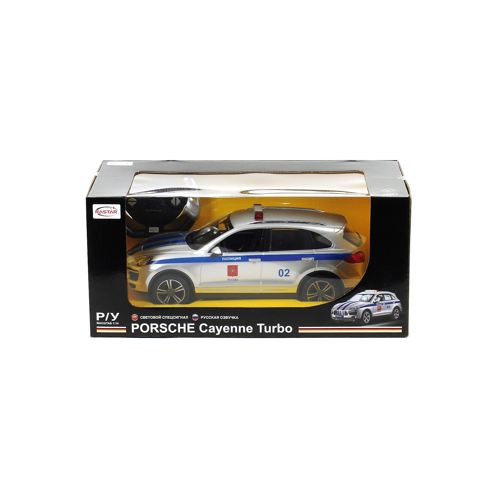 Машина 1:14 PORSCHE CAYENNE TURBO Полиция, свет, звук, на р/у, RASTAR Машина 1:14 PORSCHE CAYENNE TURBO Полиция, свет, звук, на р/у, RASTARМашина в виде полицейского автомобиля PORSCHE CAYENNE TURBO на радиоуправлении, выполненная в масштабе 1:14 со световыми и звуковыми эффектами.<br>Автомобиль работает на дистанционном управлении, может двигаться вперед и назад, вправо и влево. Развивает приличную скорость. При этом он очень маневренный. При движении у автомобиля загораются фары и звучит характерный сигнал. <br>Радиус управления игрушкой — 35 метров.<br>При игре с автомобилем у ребенка будут развиваться логическое мышление, координация движений и воображение.<br><br>Великолепный подарок любителю и коллекционеру реалистичных машин!<br><br>Дополнительная информация:<br><br>- Пульт радиоуправления на частоте 27MHz.<br>- Русифицированная упаковка<br>- Материал: высококачественная пластмасса, металл.<br>- Размеры упаковки(ДхШхВ): 20 x 43 x 23 см<br>- Батарейки: 5 х АА, 1 х «Крона». В комплект не входят.<br>- Вес: 1,63 кг<br><br>Машину 1:14 PORSCHE CAYENNE TURBO Полиция, свет, звук, на р/у, RASTAR можно купить в нашем интернет-магазине.<br><br>Ширина мм: 200<br>Глубина мм: 430<br>Высота мм: 230<br>Вес г: 1630<br>Возраст от месяцев: 36<br>Возраст до месяцев: 1188<br>Пол: Мужской<br>Возраст: Детский<br>SKU: 3482930