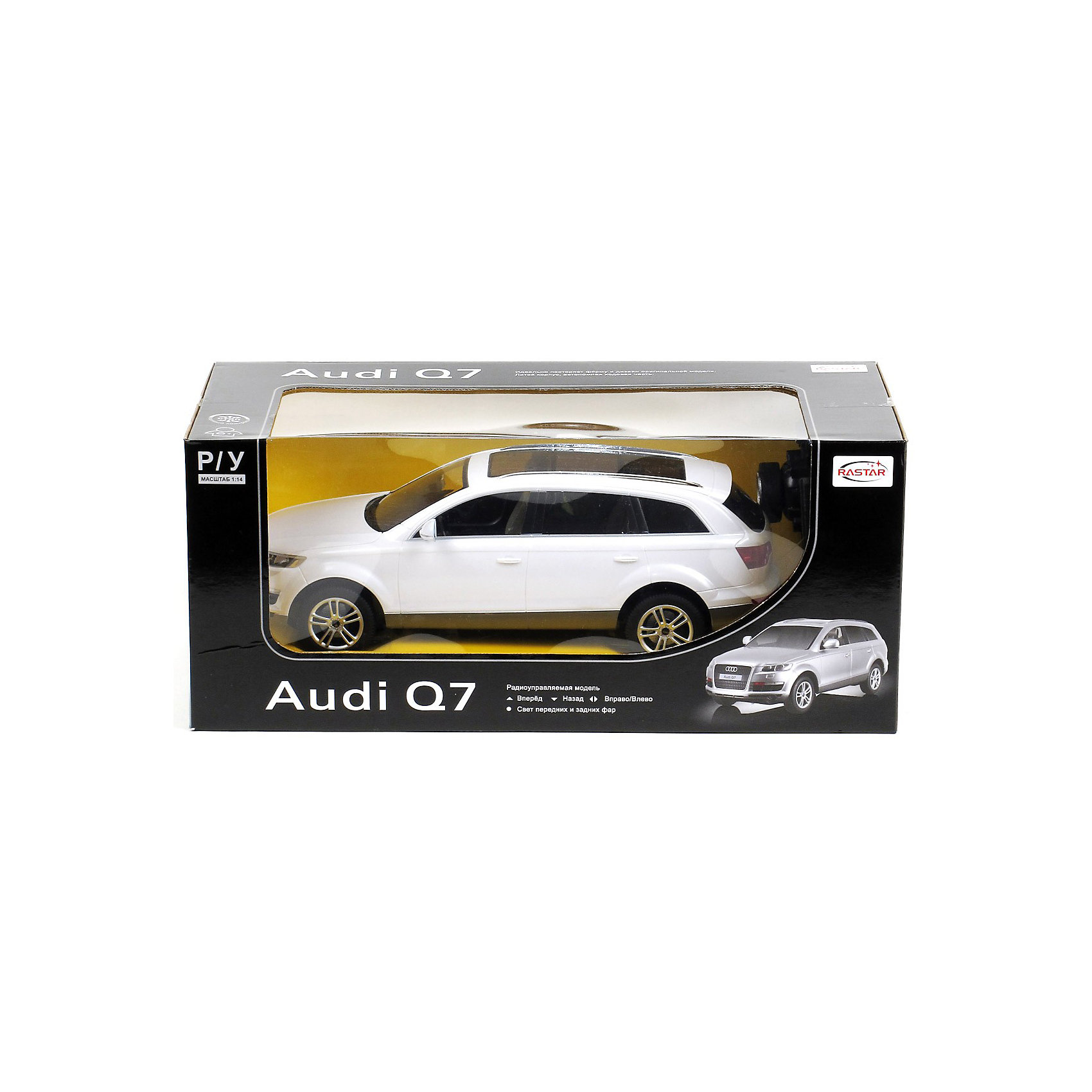Машина AUDI Q7 1:14, свет, на р/у, RASTAR, в ассортименте Машина AUDI Q7 1:14, свет, на р/у, RASTAR, в ассортиментеКоллекционные модели<br>Радиоуправляемая модель автомобиля Audi Q7 от Rastar выполнена в масштабе 1:14 из металла с пластмассовыми деталями — точная копия оригинального автомобиля.<br>Автомобиль может двигаться вперед, назад, влево, вправо со скоростью до 12 км/ч. При движении вперед у автомобиля светятся фары.<br>Радиус управления игрушкой до 35 метров. При игре с автомобилем отлично развиваются логическое мышление и координация движений.<br><br>Радиоуправляемая машина Audi Q7 от Rastar обрадует любого мальчишку!<br><br>Дополнительная информация:<br><br>- Пульт радиоуправления на частоте 27MHz.<br>- Материал: металл, высококачественная пластмасса<br>- Размеры упаковки(ДхШхВ): 22 x 46 x 20 см<br>- Размеры автомобиля(ДхШхВ): 36x14x12 см<br>- Батарейки: 5 х АА, 1 х «Крона». В комплект не входят.<br>- Вес: 1,58 кг<br>Внимание! Данный товар представлен в ассортименте и может отличаться цветовым исполнением (черный, серебристый, белый и проч.) К сожалению, предварительный выбор определенного цвета товара невозможен.<br><br>Машину AUDI Q7 1:14, свет, на р/у, RASTAR, в ассортименте можно купить в нашем интернет-магазине.<br><br>Ширина мм: 220<br>Глубина мм: 460<br>Высота мм: 200<br>Вес г: 1580<br>Возраст от месяцев: 36<br>Возраст до месяцев: 1188<br>Пол: Мужской<br>Возраст: Детский<br>SKU: 3482931