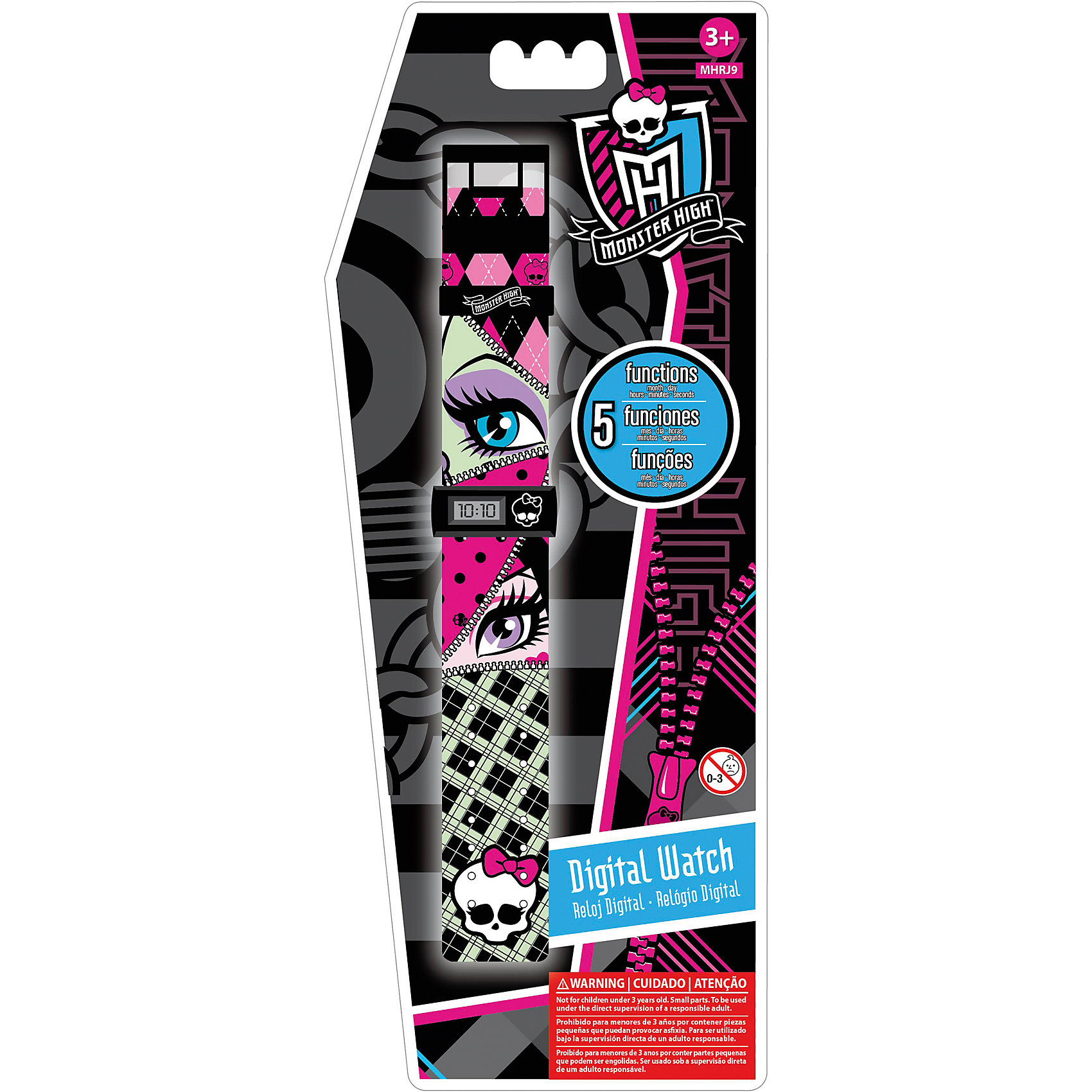 Часы наручные электронные Monster High Часы наручные электронные Monster HighMonster High<br>Часы наручные электронные, Monster High (Школа Монстров) - стильный подарок настоящим фанатам Школы Монстров.<br>Оригинальные черные прямоугольные детские часы с корпусом и браслетом из пластика. Часы имеют 5 функций: месяц, день, часы, минуты и секунды. <br><br>Дополнительная информация:<br><br>- Размер циферблата часов: 3х1,5см.<br>- Длина ремешка с часами: 21см.<br>- Ширина ремешка: 3см.<br>- Возраст от 3 лет (товар содержит мелкие детали).<br>- Срок гарантии часов - 6 месяцев<br><br>Часы наручные электронные, Monster High (Школа Монстров) можно купить в нашем интернет-магазине.<br><br>Ширина мм: 113<br>Глубина мм: 13<br>Высота мм: 278<br>Вес г: 48<br>Возраст от месяцев: 36<br>Возраст до месяцев: 144<br>Пол: Женский<br>Возраст: Детский<br>SKU: 3514686
