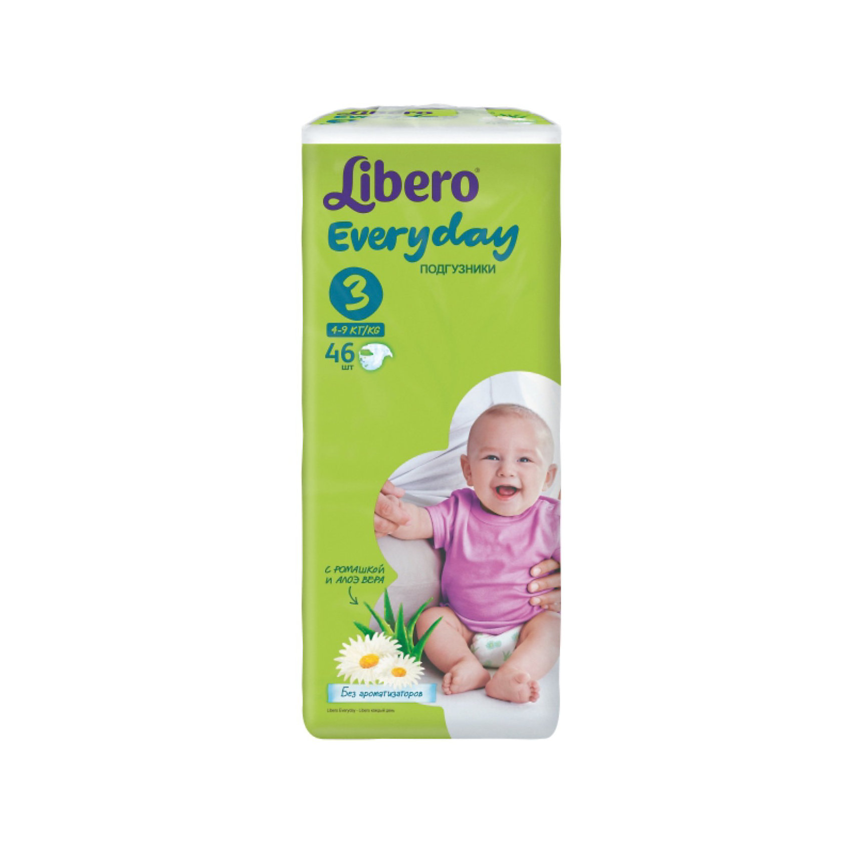 Подгузники Libero Everyday, Midi 4-9 кг (3), 46 шт., Econom Подгузники Libero Everyday, Midi 4-9 кг (3), 46 шт., EconomПодгузники классические<br>Подгузники Libero Everyday (Либеро Эвридэй) Size 3 (4-9кг), 46 шт.<br><br>Характеристики:<br><br>• быстро впитывают влагу и удерживают ее<br>• нетканый дышащий материал<br>• эластичная резиночка не сковывает движения ребенка<br>• мягкий барьер вокруг ног защитит от протеканий<br>• приятный рисунок<br>• многоразовые застежки<br>• размер: 3 (от 4 до 9 кг)<br>• количество в упаковке: 46 шт.<br><br>Подгузники Libero Everyday подарят сухость и комфорт вашему малышу. Подгузники плотно прилегают к телу и не сковывают движения крохи, благодаря эластичному поясу. Нетканый материал подгузника имеет отверстия для циркуляции воздуха, позволяющие коже дышать. Внутренний слой быстро впитывает влагу, равномерно распределяет и удерживает ее внутри. <br>Ромашка и алоэ бережно позаботятся о коже малыша и не допустят воспаления и раздражения. Подарите крохе комфорт с подгузниками Libero Everyday!<br><br>Подгузники Libero Everyday (Либеро Эвридэй) Size 3 (4-9кг), 46 шт. можно купить в нашем интернет-магазине.<br><br>Ширина мм: 115<br>Глубина мм: 195<br>Высота мм: 405<br>Вес г: 1370<br>Возраст от месяцев: 0<br>Возраст до месяцев: 9<br>Пол: Унисекс<br>Возраст: Детский<br>SKU: 3517602