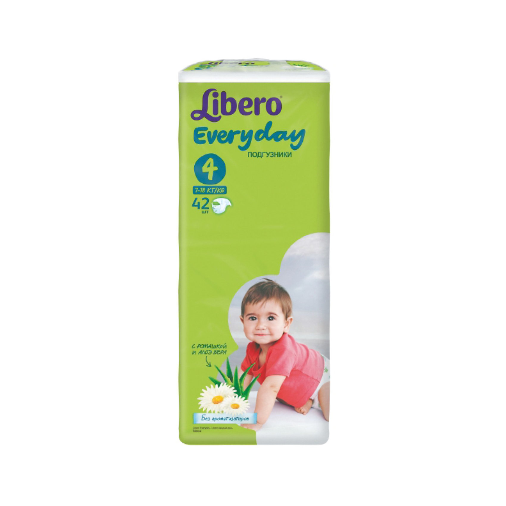 Подгузники Libero Everyday, Maxi 7-18 кг (4), 42 шт., Econom Подгузники Libero Everyday, Maxi 7-18 кг (4), 42 шт., EconomПодгузники классические<br>Подгузники Libero Everyday (Либеро Эвридэй) Size 4 (7-18кг), 42 шт.<br><br>Характеристики:<br><br>• быстро впитывают влагу и удерживают ее<br>• нетканый дышащий материал<br>• эластичная резиночка не сковывает движения ребенка<br>• мягкий барьер вокруг ног защитит от протеканий<br>• приятный рисунок<br>• многоразовые застежки<br>• размер: 4 (от 7 до 18 кг)<br>• количество в упаковке: 42 шт.<br><br>Подгузники Libero Everyday подарят сухость и комфорт вашему малышу. Подгузники плотно прилегают к телу и не сковывают движения крохи, благодаря эластичному поясу. Нетканый материал подгузника имеет отверстия для циркуляции воздуха, позволяющие коже дышать. Внутренний слой быстро впитывает влагу, равномерно распределяет и удерживает ее внутри. <br>Ромашка и алоэ бережно позаботятся о коже малыша и не допустят воспаления и раздражения. Подарите крохе комфорт с подгузниками Libero Everyday!<br><br>Подгузники Libero Everyday (Либеро Эвридэй) Size 4 (7-18кг), 42 шт. можно купить в нашем интернет-магазине.<br><br>Ширина мм: 127<br>Глубина мм: 195<br>Высота мм: 440<br>Вес г: 1332<br>Возраст от месяцев: 6<br>Возраст до месяцев: 36<br>Пол: Унисекс<br>Возраст: Детский<br>SKU: 3517603