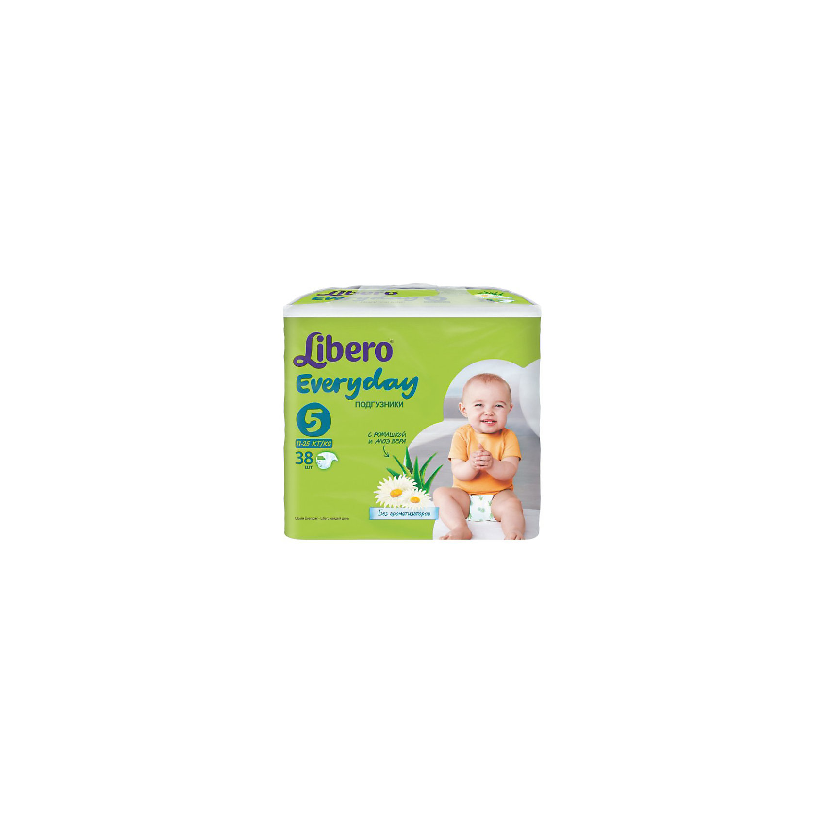 Подгузники Libero Everyday, XL 11-25 кг (5), 38 шт., Econom Подгузники Libero Everyday, XL 11-25 кг (5), 38 шт., EconomПодгузники классические<br>Подгузники Libero Everyday (Либеро Эвридэй) Size 5 (11-25кг), 38 шт.<br><br>Характеристики:<br><br>• быстро впитывают влагу и удерживают ее<br>• нетканый дышащий материал<br>• эластичная резиночка не сковывает движения ребенка<br>• мягкий барьер вокруг ног защитит от протеканий<br>• приятный рисунок<br>• многоразовые застежки<br>• размер: 5 (от 11 до 25 кг)<br>• количество в упаковке: 38 шт.<br><br>Подгузники Libero Everyday подарят сухость и комфорт вашему малышу. Подгузники плотно прилегают к телу и не сковывают движения крохи, благодаря эластичному поясу. Нетканый материал подгузника имеет отверстия для циркуляции воздуха, позволяющие коже дышать. Внутренний слой быстро впитывает влагу, равномерно распределяет и удерживает ее внутри. <br>Ромашка и алоэ бережно позаботятся о коже малыша и не допустят воспаления и раздражения. Подарите крохе комфорт с подгузниками Libero Everyday!<br><br>Подгузники Libero Everyday (Либеро Эвридэй) Size 5 (11-25кг), 38шт. можно купить в нашем интернет-магазине.<br><br>Ширина мм: 127<br>Глубина мм: 285<br>Высота мм: 240<br>Вес г: 1399<br>Возраст от месяцев: 12<br>Возраст до месяцев: 84<br>Пол: Унисекс<br>Возраст: Детский<br>SKU: 3517604