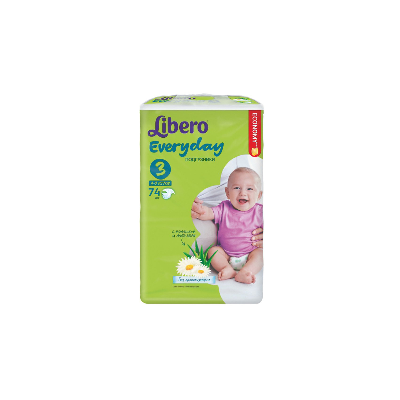 Подгузники Libero Everyday, Midi 4-9 кг (3), 74 шт., Mega Подгузники Libero Everyday, Midi 4-9 кг (3), 74 шт., MegaПодгузники 6-10 кг<br>Подгузники Libero Everyday (Либеро Эвридэй) Size 3 (4-9кг), 74 шт.<br><br>Характеристики:<br><br>• быстро впитывают влагу и удерживают ее<br>• нетканый дышащий материал<br>• эластичная резиночка не сковывает движения ребенка<br>• мягкий барьер вокруг ног защитит от протеканий<br>• приятный рисунок<br>• многоразовые застежки<br>• размер: 3 (от 4 до 9 кг)<br>• количество в упаковке: 74 шт.<br><br>Подгузники Libero Everyday подарят сухость и комфорт вашему малышу. Подгузники плотно прилегают к телу и не сковывают движения крохи, благодаря эластичному поясу. Нетканый материал подгузника имеет отверстия для циркуляции воздуха, позволяющие коже дышать. Внутренний слой быстро впитывает влагу, равномерно распределяет и удерживает ее внутри. <br>Ромашка и алоэ бережно позаботятся о коже малыша и не допустят воспаления и раздражения. Подарите крохе комфорт с подгузниками Libero Everyday!<br><br>Подгузники Libero Everyday (Либеро Эвридэй) Size 3 (4-9кг), 74 шт. можно купить в нашем интернет-магазине.<br><br>Ширина мм: 115<br>Глубина мм: 240<br>Высота мм: 405<br>Вес г: 2145<br>Возраст от месяцев: 0<br>Возраст до месяцев: 9<br>Пол: Унисекс<br>Возраст: Детский<br>SKU: 3517605