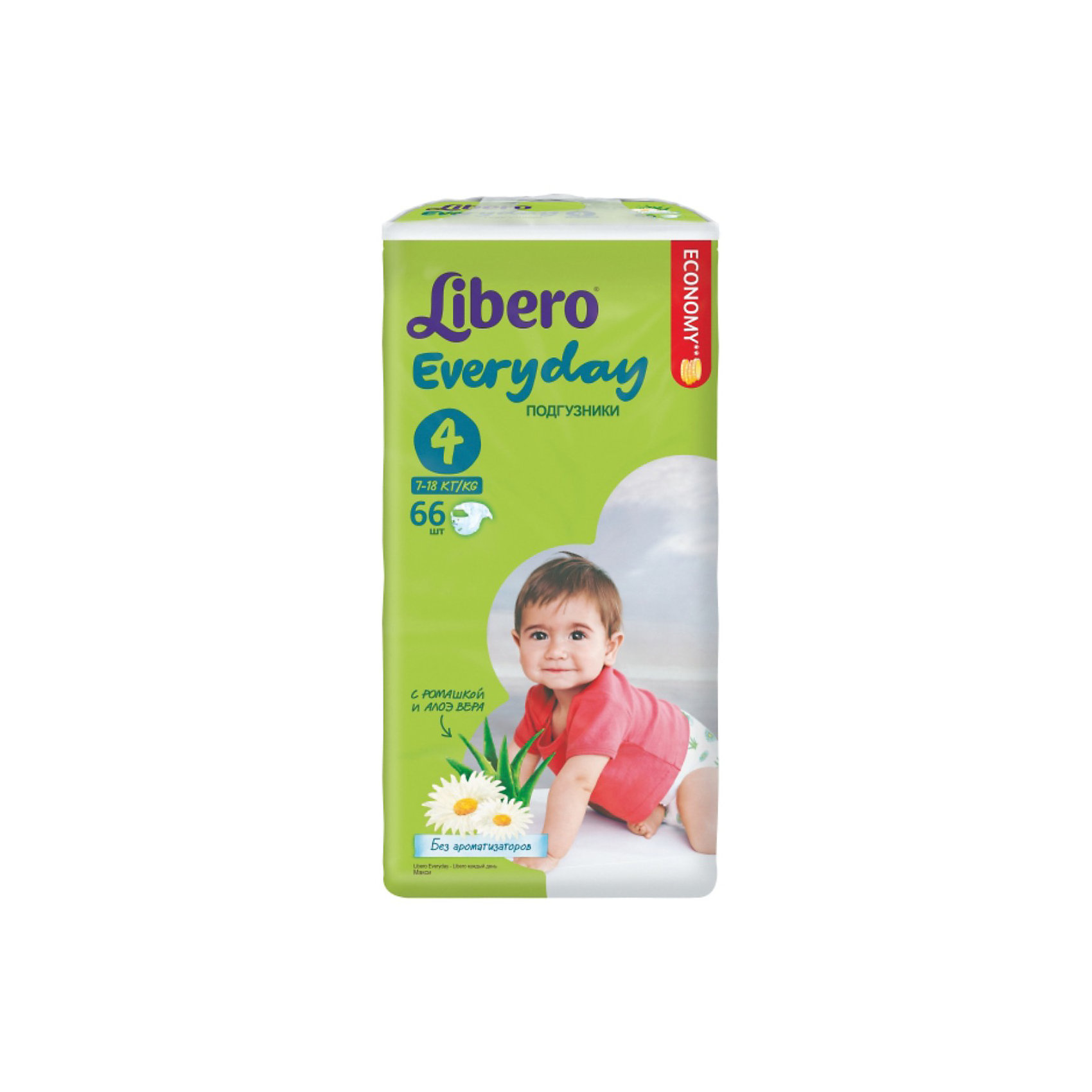 Подгузники Libero Everyday, Maxi 7-18 кг (4), 66 шт., Mega Подгузники Libero Everyday, Maxi 7-18 кг (4), 66 шт., MegaПодгузники 6-10 кг<br>Подгузники Libero Everyday (Либеро Эвридэй) Size 4 (7-18кг), 66 шт.<br><br>Характеристики:<br><br>• быстро впитывают влагу и удерживают ее<br>• нетканый дышащий материал<br>• эластичная резиночка не сковывает движения ребенка<br>• мягкий барьер вокруг ног защитит от протеканий<br>• приятный рисунок<br>• многоразовые застежки<br>• размер: 4 (от 7 до 18 кг)<br>• количество в упаковке: 66 шт.<br><br>Подгузники Libero Everyday подарят сухость и комфорт вашему малышу. Подгузники плотно прилегают к телу и не сковывают движения крохи, благодаря эластичному поясу. Нетканый материал подгузника имеет отверстия для циркуляции воздуха, позволяющие коже дышать. Внутренний слой быстро впитывает влагу, равномерно распределяет и удерживает ее внутри. <br>Ромашка и алоэ бережно позаботятся о коже малыша и не допустят воспаления и раздражения. Подарите крохе комфорт с подгузниками Libero Everyday!<br><br>Подгузники Libero Everyday (Либеро Эвридэй) Size 4 (7-18кг), 66 шт. можно купить в нашем интернет-магазине.<br><br>Ширина мм: 127<br>Глубина мм: 240<br>Высота мм: 440<br>Вес г: 1940<br>Возраст от месяцев: 6<br>Возраст до месяцев: 36<br>Пол: Унисекс<br>Возраст: Детский<br>SKU: 3517606