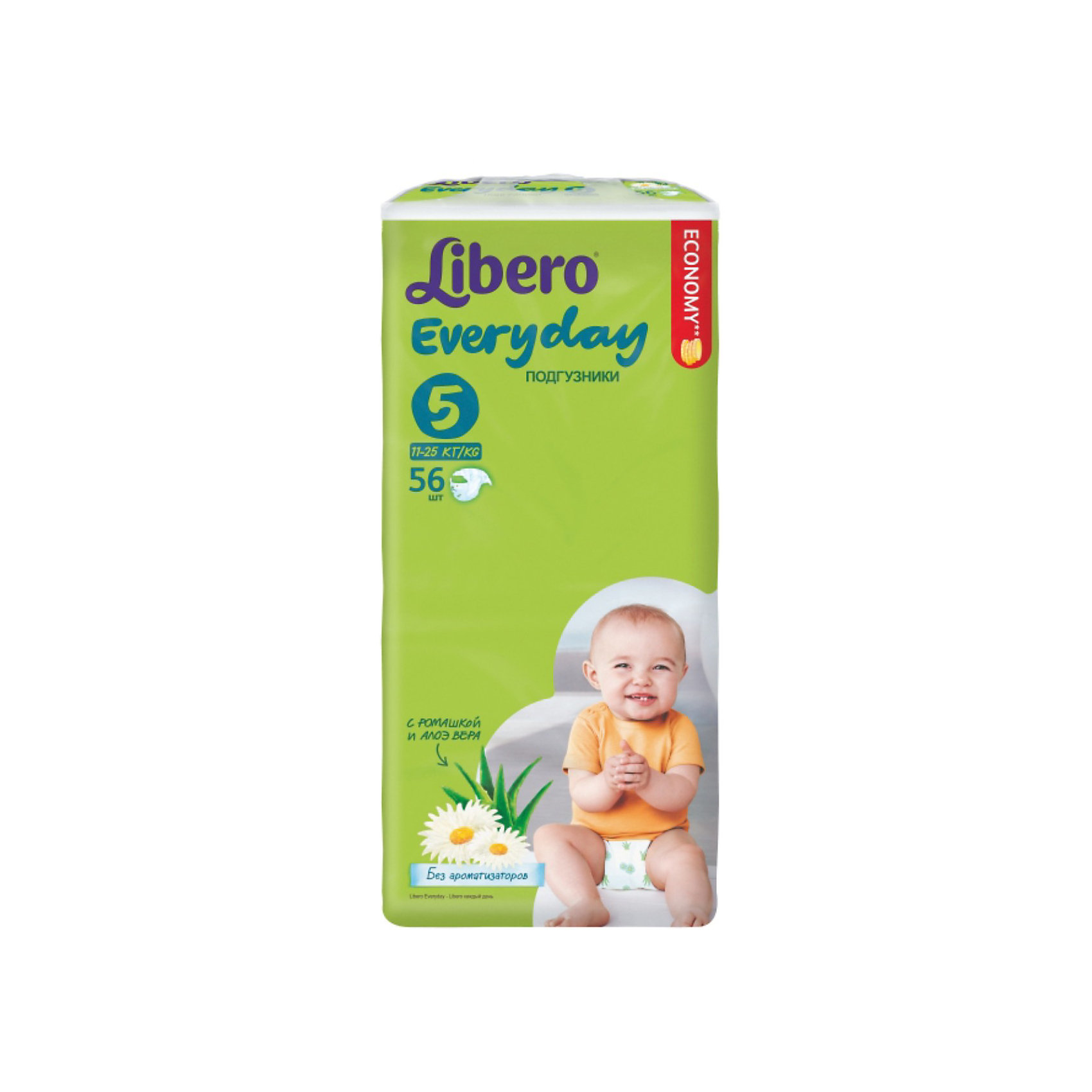 Подгузники Libero Everyday, XL 11-25 кг (5), 56 шт., Mega Подгузники Libero Everyday, XL 11-25 кг (5), 56 шт., MegaПодгузники классические<br>Подгузники Libero Everyday (Либеро Эвридэй) Size 5 (11-25кг), 56 шт.<br><br>Характеристики:<br><br>• быстро впитывают влагу и удерживают ее<br>• нетканый дышащий материал<br>• эластичная резиночка не сковывает движения ребенка<br>• мягкий барьер вокруг ног защитит от протеканий<br>• приятный рисунок<br>• многоразовые застежки<br>• размер: 5 (от 11 до 25 кг)<br>• количество в упаковке: 56 шт.<br><br>Подгузники Libero Everyday подарят сухость и комфорт вашему малышу. Подгузники плотно прилегают к телу и не сковывают движения крохи, благодаря эластичному поясу. Нетканый материал подгузника имеет отверстия для циркуляции воздуха, позволяющие коже дышать. Внутренний слой быстро впитывает влагу, равномерно распределяет и удерживает ее внутри. <br>Ромашка и алоэ бережно позаботятся о коже малыша и не допустят воспаления и раздражения. Подарите крохе комфорт с подгузниками Libero Everyday!<br><br>Подгузники Libero Everyday (Либеро Эвридэй) Size 5 (11-25кг), 56 шт. вы можете купить в нашем интернет-магазине.<br><br>Ширина мм: 127<br>Глубина мм: 240<br>Высота мм: 480<br>Вес г: 2060<br>Возраст от месяцев: 12<br>Возраст до месяцев: 84<br>Пол: Унисекс<br>Возраст: Детский<br>SKU: 3517607