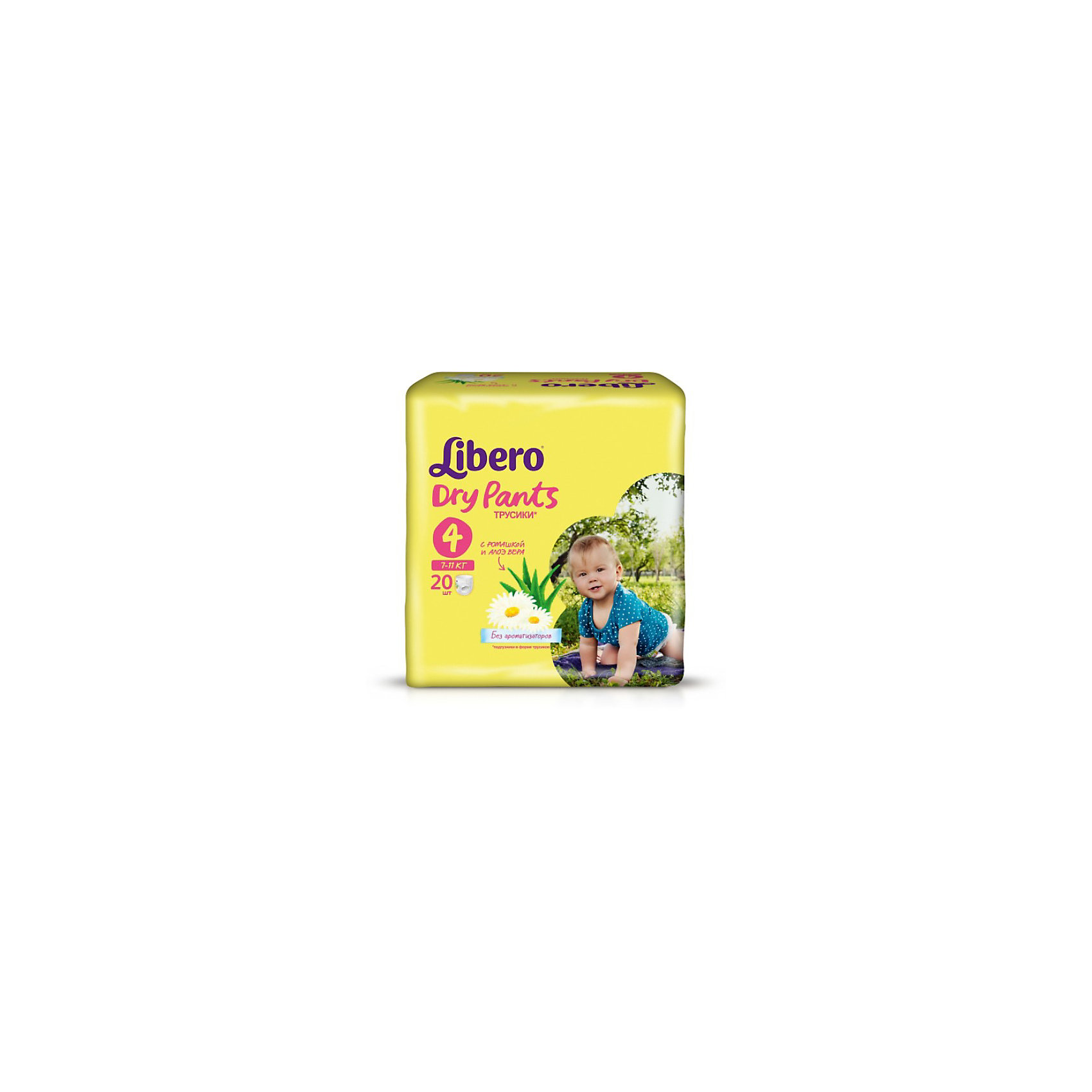 Трусики Libero Dry Pants, Maxi 7-11 кг, 20 шт. Трусики Libero Dry Pants, Maxi 7-11 кг, 20 шт.Трусики-подгузники<br>Трусики-подгузники Libero Dry Pants (Либеро Драй Пентс) Size 4 (7-11кг), 20 шт.<br><br>Характеристики: <br><br>• легко надевать<br>• мягкие и тонкие трусики<br>• отлично впитывают и удерживают влагу<br>• содержат экстракт ромашки<br>• тянущийся поясок из дышащих материалов<br>• барьеры вокруг ножек защищают от протекания<br>• не сковывают движений<br>• легко снимать и сворачивать<br>• размер: 4 (7-11 кг)<br>• количество в упаковке: 20 шт.<br><br>Если ваш малыш не любит спокойно ждать пока вы его переоденете, то трусики-подгузники Libero Dry Pants станут для вас прекрасным решением. Они легко надеваются, как обычное белье и также легко снимаются при разрывании боковых швов. Трусики очень мягкие и тонкие, при этом они отлично впитывают и удерживают влагу, не стесняя движений крохи. Экстракт ромашки и алоэ успокоит нежную кожу малыша. Высокие барьеры и эластичный поясок препятствуют протеканию. После использования вы легко сможете свернуть трусики и заклеить из специальной клейкой лентой. Яркая упаковка и привлекательный дизайн превратят процесс переодевания в веселую игру!<br><br>Трусики-подгузники Libero Dry Pants Size 4 (7-11кг), 20 шт. вы можете купить в нашем интернет-магазине.<br><br>Ширина мм: 147<br>Глубина мм: 195<br>Высота мм: 185<br>Вес г: 668<br>Возраст от месяцев: 6<br>Возраст до месяцев: 24<br>Пол: Унисекс<br>Возраст: Детский<br>SKU: 3517628