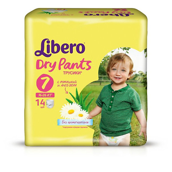 Трусики Libero Dry Pants, XL Plus 16-26 кг, 14 шт. Трусики Libero Dry Pants, XL Plus 16-26 кг, 14 шт.Трусики-подгузники<br>Трусики-подгузники Libero Dry Pants (Либеро Драй Пентс) Size 7 (16-26кг), 14 шт.<br><br>Характеристики: <br><br>• легко надевать<br>• мягкие и тонкие трусики<br>• отлично впитывают и удерживают влагу<br>• содержат экстракт ромашки<br>• тянущийся поясок из дышащих материалов<br>• барьеры вокруг ножек защищают от протекания<br>• не сковывают движений<br>• легко снимать и сворачивать<br>• размер: 7 (16-26 кг)<br>• количество в упаковке: 14 шт.<br><br>Если ваш малыш не любит спокойно ждать пока вы его переоденете, то трусики-подгузники Libero Dry Pants станут для вас прекрасным решением. Они легко надеваются, как обычное белье и также легко снимаются при разрывании боковых швов. Трусики очень мягкие и тонкие, при этом они отлично впитывают и удерживают влагу, не стесняя движений крохи. Экстракт ромашки и алоэ успокоит нежную кожу малыша. Высокие барьеры и эластичный поясок препятствуют протеканию. После использования вы легко сможете свернуть трусики и заклеить из специальной клейкой лентой. Яркая упаковка и привлекательный дизайн превратят процесс переодевания в веселую игру!<br><br>Трусики-подгузники Libero Dry Pants Size 7 (16-26кг), 14 шт. вы можете купить в нашем интернет-магазине.<br><br>Ширина мм: 147<br>Глубина мм: 195<br>Высота мм: 195<br>Вес г: 611<br>Возраст от месяцев: 24<br>Возраст до месяцев: 84<br>Пол: Унисекс<br>Возраст: Детский<br>SKU: 3517631