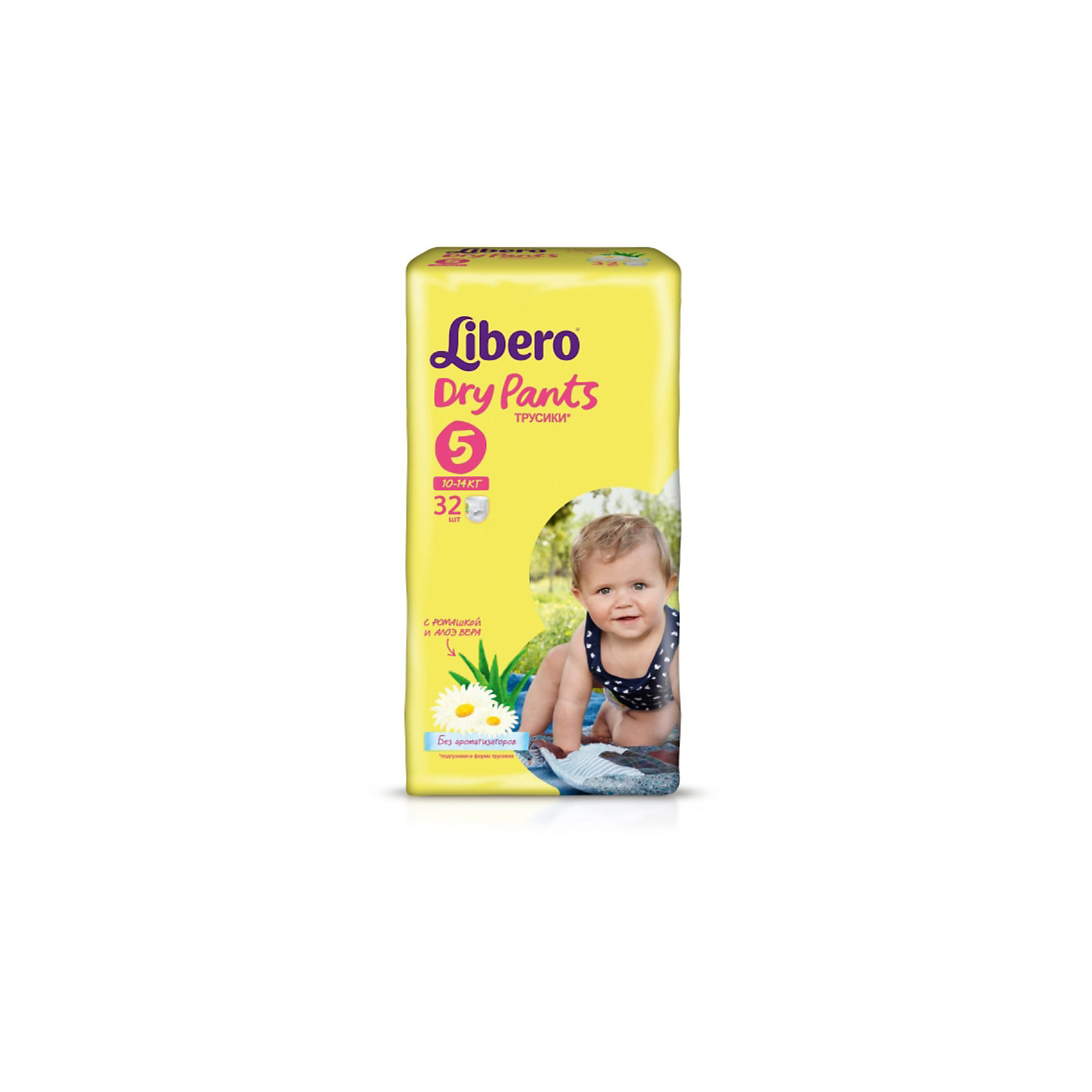 Трусики Libero Dry Pants, Maxi Plus 10-14 кг, 32 шт. Трусики Libero Dry Pants, Maxi Plus 10-14 кг, 32 шт.Трусики-подгузники<br>Трусики-подгузники Libero Dry Pants (Либеро Драй Пентс) Size 5 (10-14кг), 32 шт.<br><br>Характеристики: <br><br>• легко надевать<br>• мягкие и тонкие трусики<br>• отлично впитывают и удерживают влагу<br>• содержат экстракт ромашки<br>• тянущийся поясок из дышащих материалов<br>• барьеры вокруг ножек защищают от протекания<br>• не сковывают движений<br>• легко снимать и сворачивать<br>• размер: 5 (10-14 кг)<br>• количество в упаковке: 32 шт.<br><br>Если ваш малыш не любит спокойно ждать пока вы его переоденете, то трусики-подгузники Libero Dry Pants станут для вас прекрасным решением. Они легко надеваются, как обычное белье и также легко снимаются при разрывании боковых швов. Трусики очень мягкие и тонкие, при этом они отлично впитывают и удерживают влагу, не стесняя движений крохи. Экстракт ромашки и алоэ успокоит нежную кожу малыша. Высокие барьеры и эластичный поясок препятствуют протеканию. После использования вы легко сможете свернуть трусики и заклеить из специальной клейкой лентой. Яркая упаковка и привлекательный дизайн превратят процесс переодевания в веселую игру!<br><br>Трусики-подгузники Libero Dry Pants Size 5 (10-14кг), 32 шт. вы можете купить в нашем интернет-магазине.<br><br>Ширина мм: 147<br>Глубина мм: 195<br>Высота мм: 360<br>Вес г: 1175<br>Возраст от месяцев: 6<br>Возраст до месяцев: 36<br>Пол: Унисекс<br>Возраст: Детский<br>SKU: 3517633