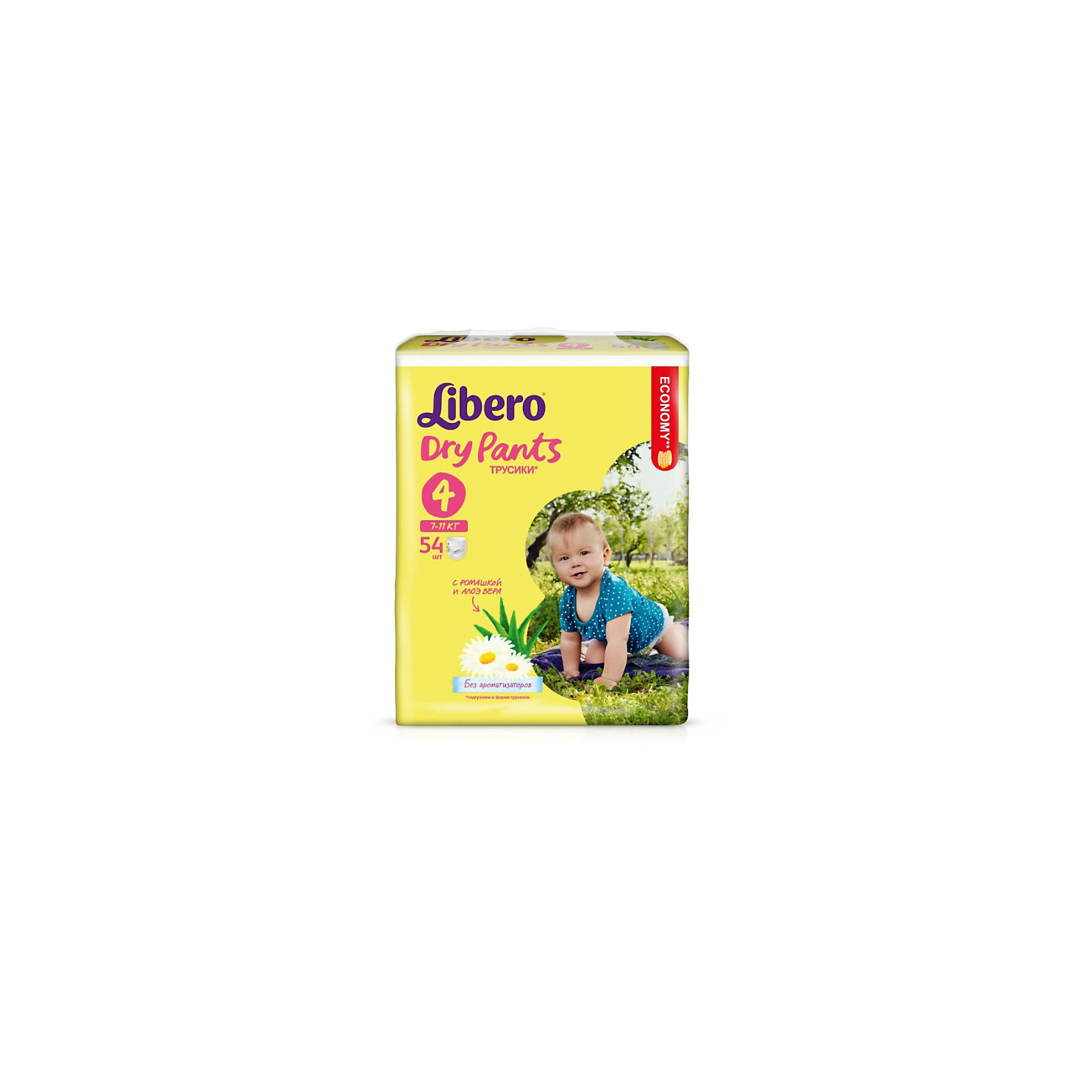 Трусики Libero Dry Pants, Maxi 7-11 кг, 54 шт., Mega Трусики Libero Dry Pants, Maxi 7-11 кг, 54 шт., MegaТрусики-подгузники<br>Трусики-подгузники Libero Dry Pants (Либеро Драй Пентс) Size 4 (7-11кг), 54 шт.<br><br>Характеристики: <br><br>• легко надевать<br>• мягкие и тонкие трусики<br>• отлично впитывают и удерживают влагу<br>• содержат экстракт ромашки<br>• тянущийся поясок из дышащих материалов<br>• барьеры вокруг ножек защищают от протекания<br>• не сковывают движений<br>• легко снимать и сворачивать<br>• размер: 4 (7-11 кг)<br>• количество в упаковке: 54 шт.<br><br>Если ваш малыш не любит спокойно ждать пока вы его переоденете, то трусики-подгузники Libero Dry Pants станут для вас прекрасным решением. Они легко надеваются, как обычное белье и также легко снимаются при разрывании боковых швов. Трусики очень мягкие и тонкие, при этом они отлично впитывают и удерживают влагу, не стесняя движений крохи. Экстракт ромашки и алоэ успокоит нежную кожу малыша. Высокие барьеры и эластичный поясок препятствуют протеканию. После использования вы легко сможете свернуть трусики и заклеить из специальной клейкой лентой. Яркая упаковка и привлекательный дизайн превратят процесс переодевания в веселую игру!<br><br>Трусики-подгузники Libero Dry Pants Size 4 (7-11кг), 54 шт. вы можете купить в нашем интернет-магазине.<br><br>Ширина мм: 147<br>Глубина мм: 290<br>Высота мм: 355<br>Вес г: 1792<br>Возраст от месяцев: 6<br>Возраст до месяцев: 24<br>Пол: Унисекс<br>Возраст: Детский<br>SKU: 3517636
