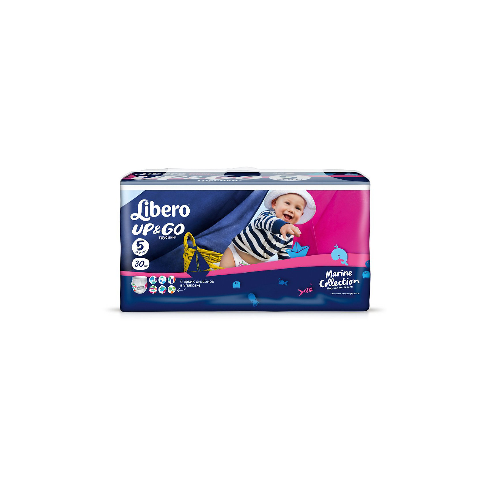 Трусики Libero Up&Go Marine Collection, Maxi Plus 10-14 кг (5), 30 шт. Трусики Libero Up&Go Marine Collection, Maxi Plus 10-14 кг (5), 30 шт.Трусики-подгузники<br>Подгузники-трусики Либеро Ап энд Гоу ( Libero Up&Go) удобно надевать и снимать, что так важно для детей, которые уже пытаются самостоятельно одеваться. Надев их как обычные трусики, Ваш малыш может сам их спустить, если захочет на горшок. Когда подгузник наполнен, Вы легко снимите его, просто разорвав боковые швы. Подгузники-трусики Libero Up&Go теперь впитывают еще больше и не протекают благодаря улучшенному впитывающему слою и высоким барьерчикам вокруг ножек, оставляя кожу малыша сухой, поэтому Вы можете также использовать их во время длительных прогулок и ночью, чтобы обеспечить ребенку и себе спокойный сон. А благодаря мягкому эластичному пояску вокруг талии, сделанному полностью из дышащего материала, и зауженной ластовице между ножек подгузники-трусики Libero Up&Go лучше сидят. В них так удобно двигаться, как в обычном белье — они принимают форму тела малыша и абсолютно не стесняют его движений. И еще, у всех подгузников-трусиков Libero Up&Go есть специальная клеящая лента сзади, которая поможет Вам с легкостью компактно свернуть их после использования. Впитывают, как подгузники, сидят, как обычные трусики!<br><br>ВНИМАНИЕ! Данный артикул имеется в наличии в двух вариантах упаковки. К сожалению, заранее выбрать определенную упаковку нельзя.<br><br>Дополнительная информация:<br><br>- Размер: 5, Maxi Plus 10-14 кг<br>- В упаковке: 30 шт. <br><br>Трусики Libero Up&Go Marine Collection (Либеро Ап энд Гоу), Maxi Plus 10-14 кг (5), 30 шт. можно купить в нашем интернет-магазине.<br><br>Ширина мм: 147<br>Глубина мм: 390<br>Высота мм: 204<br>Вес г: 1233<br>Возраст от месяцев: 6<br>Возраст до месяцев: 36<br>Пол: Унисекс<br>Возраст: Детский<br>SKU: 3517644