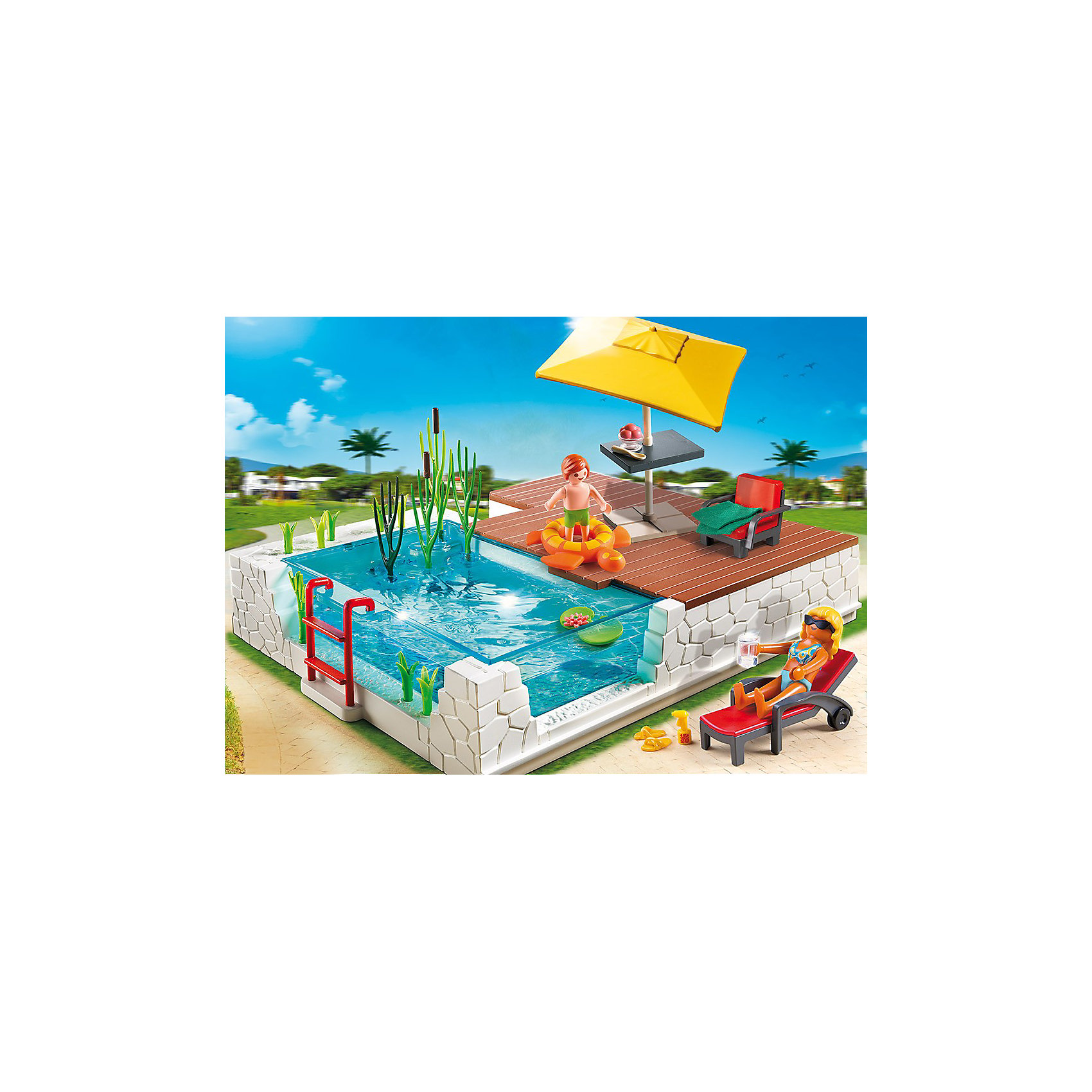 Бассейн с террасой, PLAYMOBIL Бассейн с террасой, PLAYMOBILПластмассовые конструкторы<br>Конструктор PLAYMOBIL (Плеймобил) 5575 Особняки: Бассейн с террасой - прекрасная возможность для ребенка проявить свой творческий потенциал! Полезный конструктор для развития Вашего ребенка должен быть именно таким: красочным, безопасным и очень функциональным. Набор Бассейн с террасой позволит малышу создать собственный уголок летней прохлады. Все малыши обожают купаться, вот и кроха из набора весело прыгает с террасы прямо в бассейн. Пока мама загорает на шезлонге, малыш резвится в воде. Он еще не умеет плавать, поэтому мама надевает на него круг в виде забавной черепашки. Малыш купается уже очень долго и мама зовет его на берег, вытирает полотенцем. Теперь можно подкрепиться мороженным и выпить чего-нибудь холодненького под зонтиком! Создай интересные сюжеты с набором Бассейн с террасой или объедини его с другими наборами серии и игра станет еще интереснее. Придумывая замечательные сюжеты с деталями конструктора, Ваш ребенок развивает фантазию, учится заботе и просто прекрасно проводит время!<br><br>Дополнительная информация:<br><br>- Конструкторы PLAYMOBIL (Плеймобил) отлично развивают мелкую моторику, фантазию и воображение;<br>- В наборе: 2 минифигурки (мама и ребенок), бассейн, шезлонг, кресло, зонт, спасательный круг, полотенце, мороженое;<br>- Количество деталей: 41 шт;<br>- Материал: безопасный пластик;<br>- Размер минифигурки: 7,5 см;<br>- Длина бассейна: 26,5 см;<br>- Размер упаковки: 35 х 25 х 8 см;<br>- Вес: 600 г<br><br>Конструктор PLAYMOBIL (Плеймобил) 5575 Особняки: Бассейн с террасой можно купить в нашем интернет-магазине.<br><br>Ширина мм: 351<br>Глубина мм: 248<br>Высота мм: 76<br>Вес г: 606<br>Возраст от месяцев: 48<br>Возраст до месяцев: 120<br>Пол: Унисекс<br>Возраст: Детский<br>SKU: 3536830
