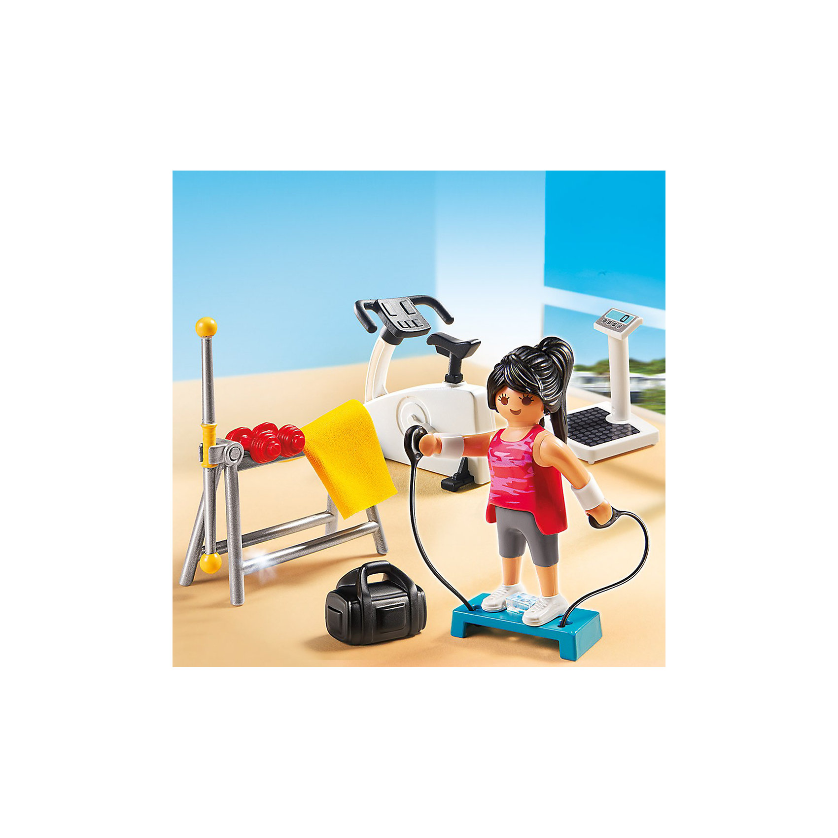 PLAYMOBIL 5578 Особняки: Комната для фитнеса PLAYMOBIL 5578 Особняки: Комната для фитнесаПластмассовые конструкторы<br>В этой чудесной комнате есть все, чтобы привести тело в порядок! Скорее включай магнитофон и приступай к физическим упражнениям! Все детали набора выполнены из высококачественного пластика безопасного для детей. Наборы этой серии наглядно рассказывают ребенку об окружающем его современном мире, помогают сформировать социальные навыки. Можно проигрывать с ребенком различные сцены из жизни (например, в гостях, на прогулке в городе, в магазине) тренируя его коммуникативные способности и обучая тому, как вести себя в различных жизненных ситуациях. <br><br>Дополнительная информация:<br><br>- Материал: пластик.<br>- Размер фигурки: 7,5 см.<br>- Руки, ноги, голова у фигурки подвижные. <br>- Комплектация: фигурка девушки, магнитофон, весы, велотренажер, степпер, скакалка, гантели, коврик. <br>- Совместим с другими наборами этой серии. <br><br>Набор PLAYMOBIL 5578 Особняки: Комната для фитнеса, можно купить в нашем магазине.<br><br>Ширина мм: 153<br>Глубина мм: 151<br>Высота мм: 54<br>Вес г: 93<br>Возраст от месяцев: 48<br>Возраст до месяцев: 120<br>Пол: Унисекс<br>Возраст: Детский<br>SKU: 3536831
