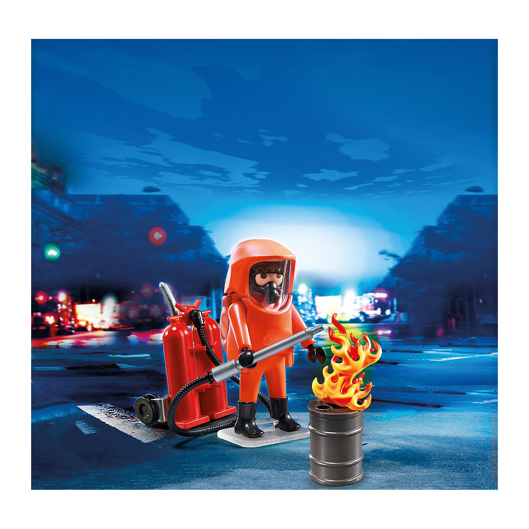 PLAYMOBIL 5367 Пожарная служба: Специальные пожарные силы PLAYMOBIL 5367 Пожарная служба: Специальные пожарные силыПластмассовые конструкторы<br>Пожарная служба: Специальные пожарные силы – небольшой и компактный набор, который всегда можно брать с собой. <br>Бывают ситуации, когда простые пожарные не могут справиться с огнем. <br>Он полыхает высоким пламенем, и войти в горящее здание можно только в специальном огнеупорном костюме. <br>Таким тушением может заниматься специально подготовленный пожарный, который не боится большого пламени и уверенно двигается среди раскаленного огня. <br>Игровые наборы Playmobil (Плеймобил) помогут создать интересный игровой момент и надолго привлекут внимание ребенка. <br>Для тушения пожара пожарный надевает оранжевый огнеупорный костюм. <br>Сзади него крепится бак с раствором, который при прохождении через трубку превращается в пену. <br>Огонь таким составом раствора легко тушится. <br>С пеной можно работать в деревянных и бетонных помещениях, она тушит места возгорания, где есть проводка. <br>Конструкторы помогут собрать картинку воедино и осуществить задуманное юным сценаристом.<br>В игровой набор Playmobil входят фигурка пожарного в костюме, огонь в бочке, инструмент для перевозки раствора, шланг и труба.<br>Игрушка знакомит ребенка с новой профессией, объясняет, чем занимаются пожарные. <br>Игры с набором развивают образное мышление и логику, любознательность и внимание.<br><br>PLAYMOBIL 5367 Пожарная служба: Специальные пожарные силы можно купить в нашем магазине.<br><br>Ширина мм: 156<br>Глубина мм: 101<br>Высота мм: 54<br>Вес г: 66<br>Возраст от месяцев: 60<br>Возраст до месяцев: 120<br>Пол: Мужской<br>Возраст: Детский<br>SKU: 3536840