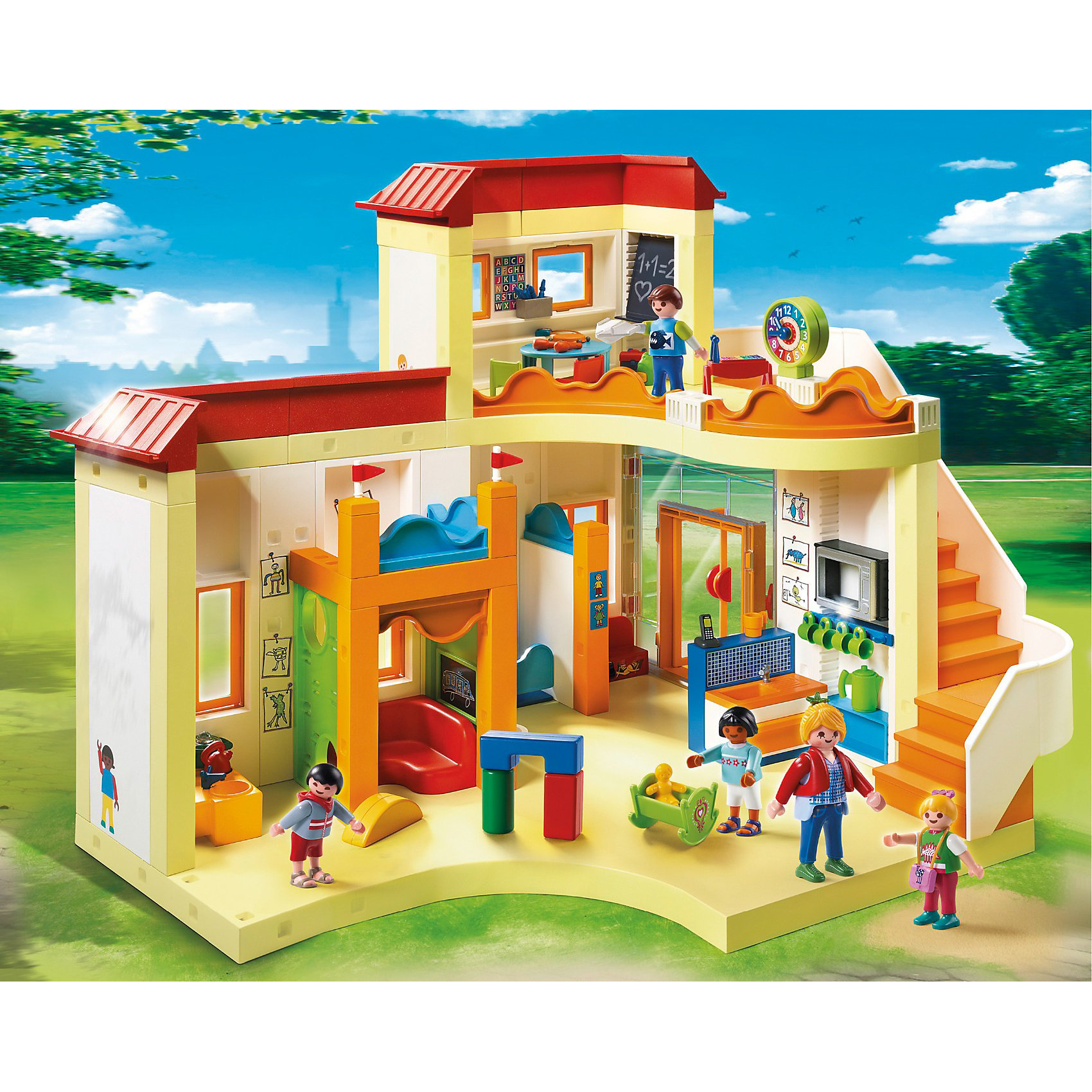 Детский сад: Солнышко, PLAYMOBIL Детский сад: Солнышко, PLAYMOBILПластмассовые конструкторы<br>Конструктор PLAYMOBIL (Плеймобил) 5567 Детский сад: Солнышко - находка для заботливых родителей! Конструктор Вашего крохи должен быть именно таким: красочным, безопасным и очень привлекательным. Серия Детский сад особенно понравится девчонкам, ведь они обожают укачивать, воспитывать и играть с малышами. Дети обожают ходить в детский сад Солнышко - ведь там всегда уютно и очень весело. За четырьмя прекрасными малышами присматривает внимательный воспитатель. На втором этаже сада есть специальная комната для занятий: дети готовятся к школе, пишут буквы на доске и учатся понимать время. Для того чтобы малыши правильно питались предусмотрена кухня с печкой и множеством посуды. Помыть руки перед едой можно в удобной раковине. Ну а больше всего воспитанникам нравится играть с игрушками и слушать музыку, для этого в саду Солнышко даже есть музыкальный салон. Ну а когда малыши утомятся, они могут поспать в детской комнате. Создай интересные сюжеты с набором Детский сад: Солнышко или объедини его с другими наборами серии и игра станет еще интереснее. Придумывая замечательные сюжеты с деталями конструктора, Ваш ребенок развивает фантазию, учится заботе о малышах и просто прекрасно проводит время!<br><br>Дополнительная информация:<br><br>- Конструкторы PLAYMOBIL (Плеймобил) отлично развивают мелкую моторику, фантазию и воображение;<br>- В наборе: 5 минифигурок (1 воспитатель, 4 малыша), двухэтажный детский сад, игрушки, кухня с посудой и множеством аксессуаров, туалет с раковинами, унитазами и аксессуарами, доска, диван, часы, кроватки и дополнительные аксессуары;<br>- Количество деталей: 394 шт;<br>- Материал: безопасный пластик;<br>- Размер минифигурки воспитателей: 7,5 см;<br>- Размер упаковки: 44 х 34 х 34 см<br><br>Конструктор PLAYMOBIL (Плеймобил) 5567 Детский сад: Солнышко можно купить в нашем интернет-магазине.<br><br>Ширина мм: 501<br>Глубина мм: 401<br>Высота мм: 111<br>Вес г: 2634<br>Возраст от месяцев: 48<br>Возраст до месяцев: 120<br>Пол: Унисекс<br>Возраст: Детский<br>SKU: 3536841
