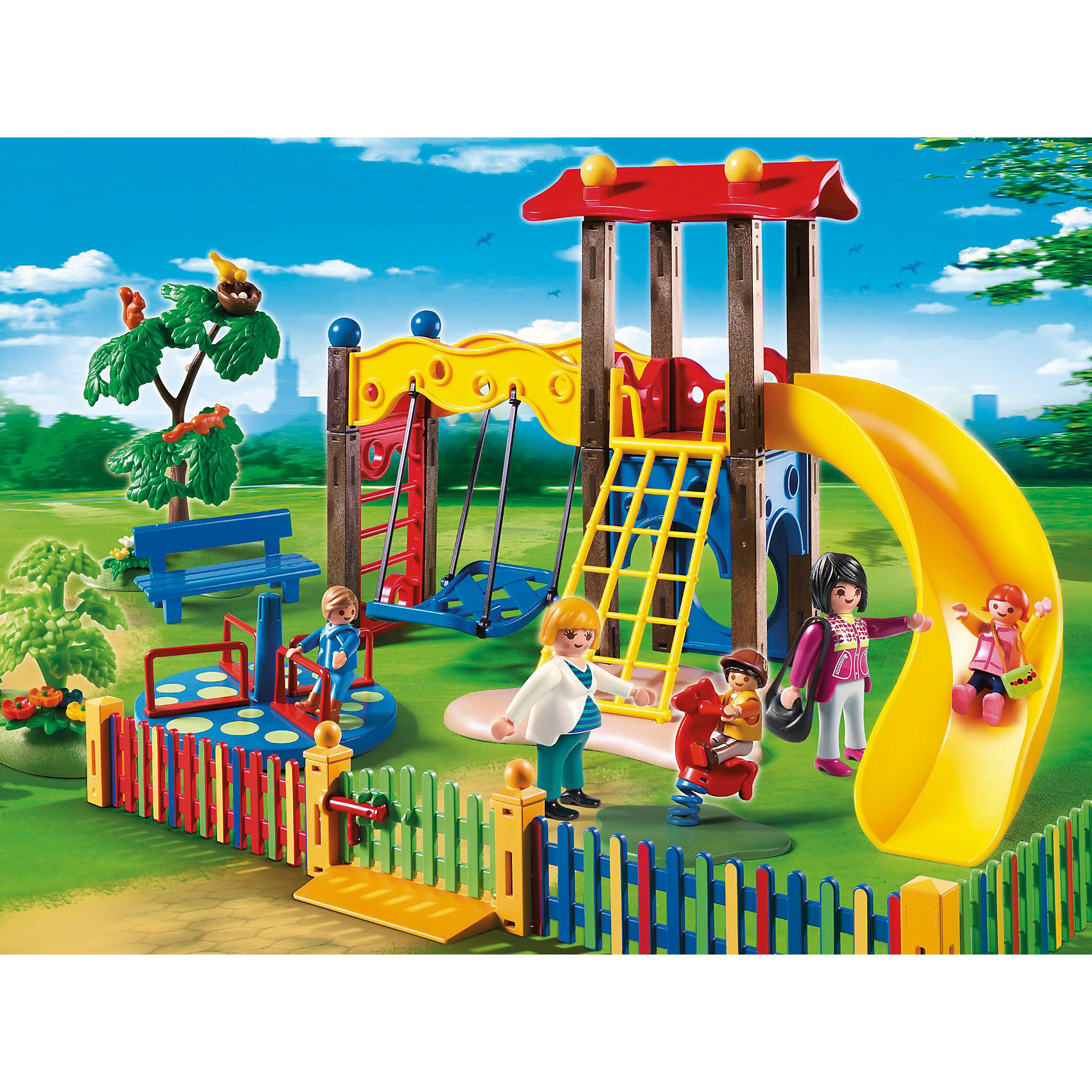Детский сад: Игровая площадка, PLAYMOBIL Детский сад: Игровая площадка, PLAYMOBILКонструктор PLAYMOBIL (Плеймобил) 5568 Детский сад: Игровая площадка - находка для заботливых родителей! Конструктор Вашего крохи должен быть именно таким: красочным, безопасным и очень привлекательным. Серия Детский сад особенно понравится девчонкам, ведь они обожают укачивать, воспитывать и играть с малышами. Дети обожают гулять на красочной детской площадке на улице. Здесь в тени деревьев ребята могут покататься на карусели, съехать с горки и конечно же побросать мяч. Площадка огорожена ярким забором, поэтому гулять на ней абсолютно безопасно. За гуляющими малышами присматривают заботливые воспитатели, они рассказывают малышам о природе, жизни и повадках зверей и птиц. Создай интересные сюжеты с набором Игровая площадка или объедини его с другими наборами серии и игра станет еще интереснее. Придумывая замечательные сюжеты с деталями конструктора, Ваш ребенок развивает фантазию учится заботе о малышах и просто прекрасно проводит время!<br><br>Дополнительная информация:<br><br>- Конструкторы PLAYMOBIL (Плеймобил) отлично развивают мелкую моторику, фантазию и воображение;<br>- В наборе: 5 минифигурок (2 воспитателя, 3 малыша), игровой комплекс с горкой, карусель, лавочка, забор, дополнительные аксессуары;<br>- Количество деталей: 116 шт;<br>- Материал: безопасный пластик;<br>- Размер минифигурки воспитателей: 7,5 см;<br>- Размер упаковки: 39,5 х 7,5 х 30 см<br><br>Конструктор PLAYMOBIL (Плеймобил) 5568 Детский сад: Игровая площадка можно купить в нашем интернет-магазине.<br><br>Ширина мм: 387<br>Глубина мм: 284<br>Высота мм: 78<br>Вес г: 705<br>Возраст от месяцев: 48<br>Возраст до месяцев: 120<br>Пол: Унисекс<br>Возраст: Детский<br>SKU: 3536842