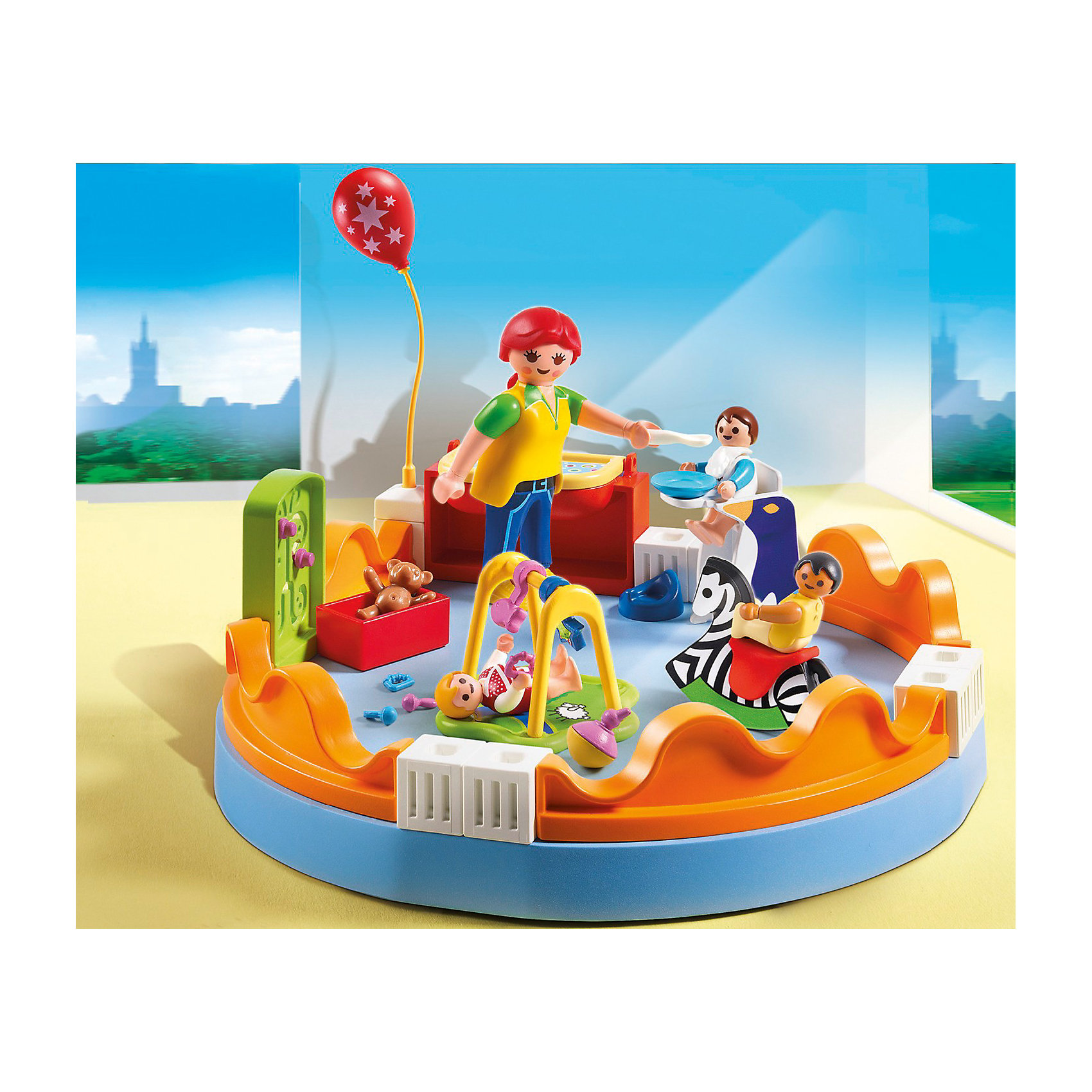 Группа детского сада, PLAYMOBIL Группа детского сада, PLAYMOBILПластмассовые конструкторы<br>Конструктор PLAYMOBIL (Плеймобил) 5570 Детский сад: Группа детского сада - находка для заботливых родителей! Конструктор Вашего крохи должен быть именно таким: красочным, безопасным и очень привлекательным. Серия Детский сад особенно понравится девчонкам, ведь они обожают укачивать, воспитывать и играть с малышами. В наборе Группа детского сада ребенок найдет фигурки няни и трех малышей, которые с удовольствием проводят время в детском саду. И это неудивительно, ведь няня с удовольствием заботится о малышах и все успевает. Пока одна малышка играет в развивающем коврике, няня посадила в стульчик и кормит другого малыша. Если няне нужно переодеть кроху в игровое зоне оборудован специальный пеленальный столик. Малыши обожают ходить в сад, ведь там так много замечательных игрушек. Няня учит малышей убирать за собой игрушки в специальную коробку. С помощью этого замечательного набора Вы в игровой форме сможете приучить своего ребенка к порядку. Создай интересные сюжеты с набором Группа детского сада или объедини его с другими наборами серии и игра станет еще интереснее. Придумывая замечательные сюжеты с деталями конструктора, Ваш ребенок развивает фантазию учится заботе о малышах и просто прекрасно проводит время!<br><br>Дополнительная информация:<br><br>- Конструкторы PLAYMOBIL (Плеймобил) отлично развивают мелкую моторику, фантазию и воображение;<br>- В наборе: 4 минифигурки (няня, три малыша), игровая зона, шарик, игрушки, столовые приборы, посуда, детский стульчик, развивающий коврик, качалка, горшок, ящик для игрушек;<br>- Количество деталей: 80 шт;<br>- Материал: безопасный пластик;<br>- Размер минифигурки няни: 7,5 см;<br>- Размер упаковки: 47 х 21 х 26 см<br><br>Конструктор PLAYMOBIL (Плеймобил) 5570 Детский сад: Группа детского сада можно купить в нашем интернет-магазине.<br><br>Ширина мм: 254<br>Глубина мм: 203<br>Высота мм: 81<br>Вес г: 356<br>Возраст от месяцев: 48<br>Возраст до месяцев: 120<br>Пол: Женский<br>Возраст: Детский<br>SKU: 3536844