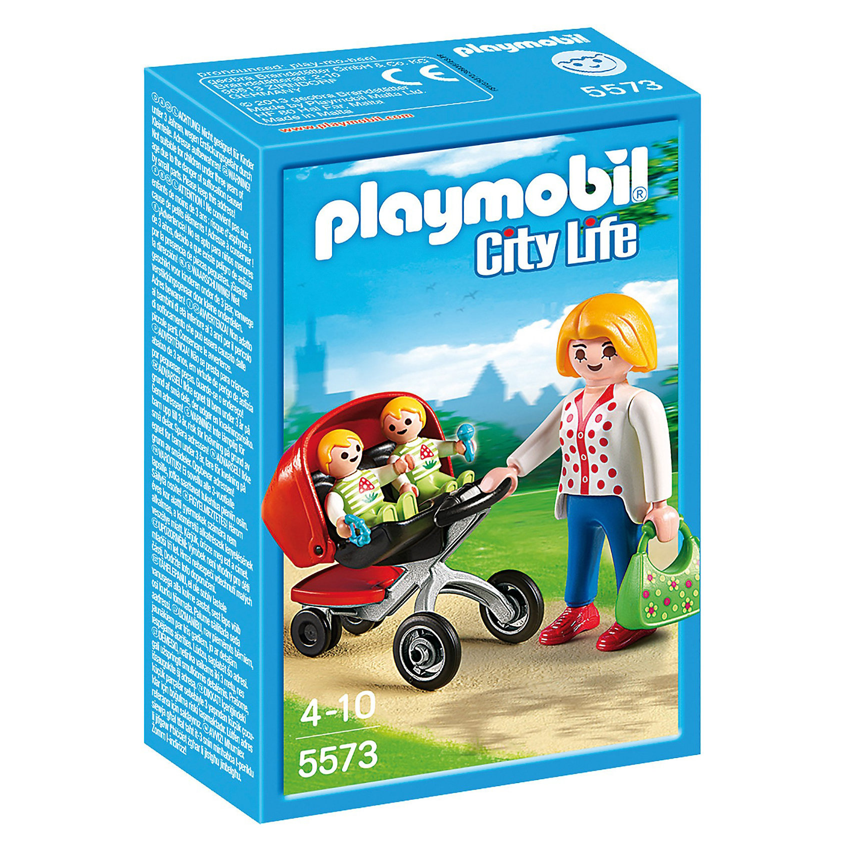 Детский сад: Мама с близнецами в коляске, PLAYMOBIL Детский сад: Мама с близнецами в коляске, PLAYMOBILПластмассовые конструкторы<br>Конструктор PLAYMOBIL (Плеймобил) 5573 Детский сад: Мама с близнецами в коляске - находка для заботливых родителей! Конструктор Вашего крохи должен быть именно таким: красочным, безопасным и очень привлекательным. Серия Детский сад особенно понравится девчонкам, ведь они обожают укачивать, воспитывать и играть с малышами. В наборе Мама с близнецами в коляске ребенок найдет фигурки мамы и близнецов в одинаковых нарядах. Мама везет крошек в детский сад на удобной колясочке. Чтобы крошки не скучали в пути мама дала им красочные погремушки. Девочке безусловно понравится катать малышей в коляске или брать на ручки. Создай интересные сюжеты с набором Мама с близнецами в коляске или объедини его с другими наборами серии и игра станет еще интереснее. Придумывая замечательные сюжеты с деталями конструктора, Ваш ребенок развивает фантазию учится заботе о малышах и просто прекрасно проводит время!<br><br>Дополнительная информация:<br><br>- Конструкторы PLAYMOBIL (Плеймобил) отлично развивают мелкую моторику, фантазию и воображение;<br>- В наборе: 3 минифигурки (мама, близнецы), коляска, погремушки, сумочка;<br>- Количество деталей: 15 шт;<br>- Материал: безопасный пластик;<br>- Размер минифигурки мамы: 7,5 см;<br>- Размер упаковки: 51 х 11 х 16 см<br><br>Конструктор PLAYMOBIL (Плеймобил) 5573 Детский сад: Мама с близнецами в коляске можно купить в нашем интернет-магазине.<br><br>Ширина мм: 156<br>Глубина мм: 101<br>Высота мм: 53<br>Вес г: 81<br>Возраст от месяцев: 48<br>Возраст до месяцев: 120<br>Пол: Женский<br>Возраст: Детский<br>SKU: 3536847