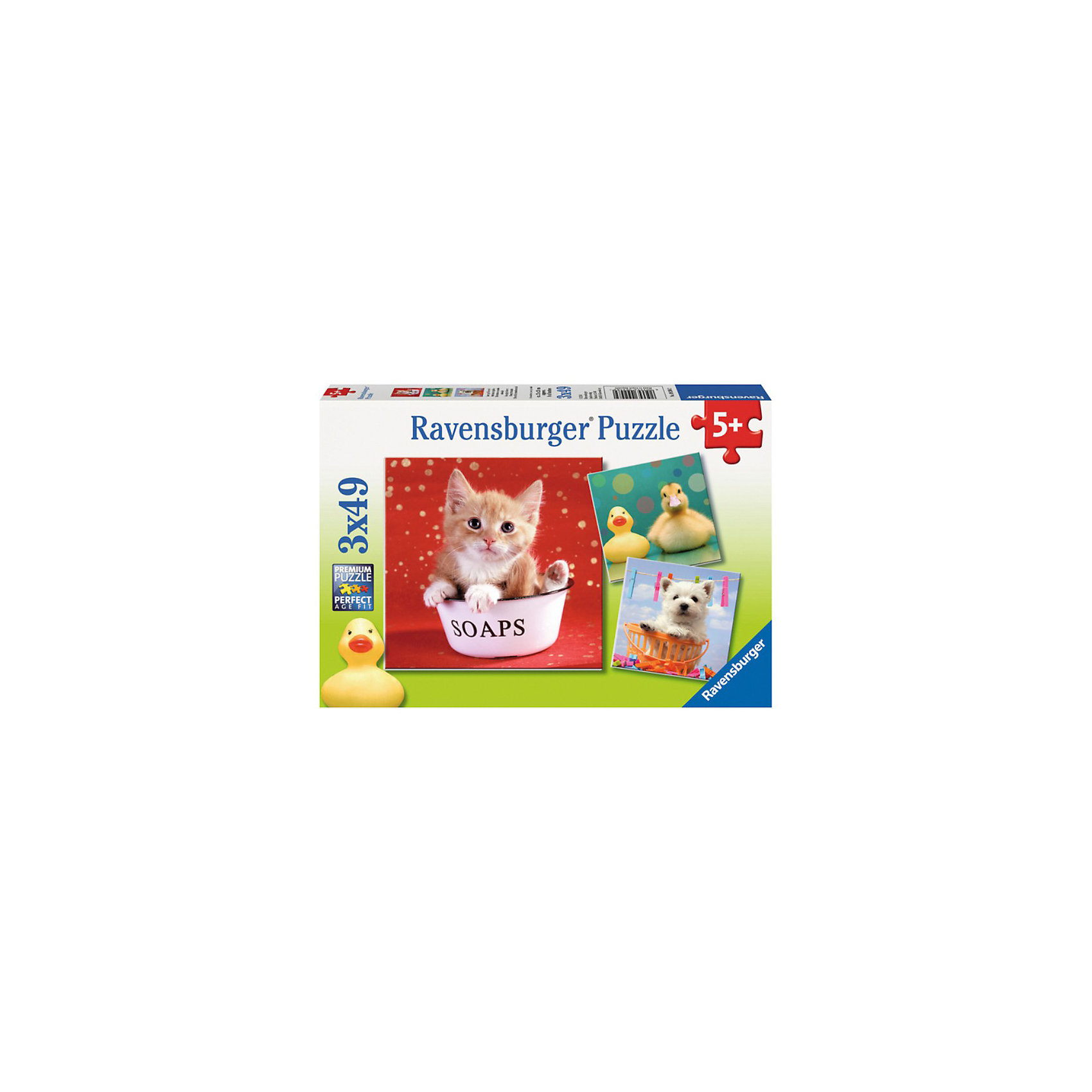 Пазл «Забавные животные» 3х49 деталей, Ravensburger Пазл «Забавные животные» 3х49 деталей, RavensburgerПазл «Забавные животные» 3х49 деталей, Ravensburger (Равенсбургер) – это увлекательное и полезное времяпрепровождение для Вашего ребенка!<br>В набор входит три красочных пазла с изображениями трогательного котенка, милого щенка и забавного утенка. Эти очаровательные животные обязательно понравятся вашему ребенку. Крупные и яркие детали пазла привлекут внимание маленьких детей и не потеряются. Собирая картинку, ребенок развивает логическое мышление, воображение, мелкую моторику и умение принимать самостоятельные решения. Пазлы Ravensburger неповторимы и уникальны тем, что для их изготовления используется картон наивысшего класса, благодаря которому сложенные головоломки не сгибаются, сам картон не отделяется от картинки, а сложенная картинка представляется абсолютно плоской и не деформируется даже спустя время. Прочные детали не ломаются. Каждая деталь имеет свою форму и подходит только на своё место. Матовая поверхность исключает неприятные отблески. Изготовлено из экологического сырья.<br><br>Дополнительная информация:<br><br>- Количество деталей: 3 пазла по 49 деталей<br>- Размер картинки: 18х18 см.<br>- Материал: прочный картон<br>- Размер коробки: 28 x 4 x 19 см.<br><br>Пазл «Забавные животные» 3х49 деталей, Ravensburger (Равенсбургер) можно купить в нашем интернет-магазине.<br><br>Ширина мм: 277<br>Глубина мм: 192<br>Высота мм: 38<br>Вес г: 331<br>Возраст от месяцев: 60<br>Возраст до месяцев: 84<br>Пол: Унисекс<br>Возраст: Детский<br>Количество деталей: 49<br>SKU: 3537073
