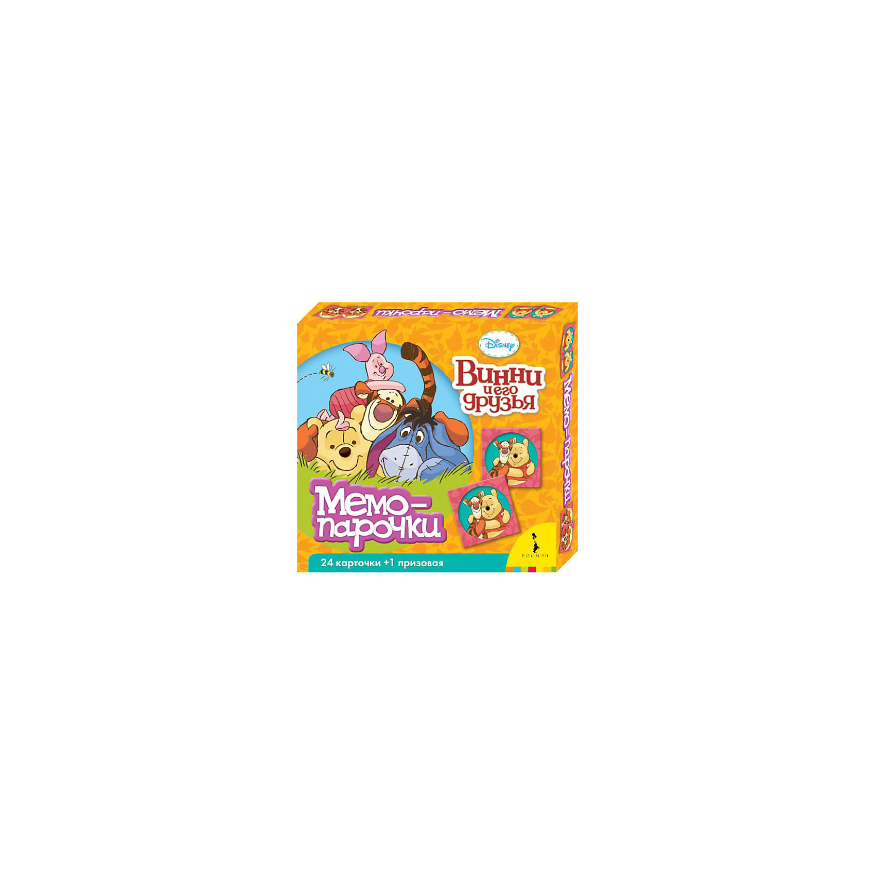 Игра Мемо-парочки. Винни, Disney Игра Мемо-парочки. Винни, DisneyИгры мемо<br>Мемо-парочки Винни, Disney (Дисней) – увлекательная игра с обаятельным Винни Пухом и его верными друзьями.<br><br>Веселые картинки с изображением героев из любимого мультфильма порадуют ребенка. <br>Карточки раскладывают картинками вниз. Игроки по очереди переворачивают по две карточки, чтобы остальные могли видеть изображенные на них картинки. Если картинки на карточках одинаковые, то игрок забирает пару карточек себе и продолжает игру. Если картинки на карточках не совпадают, то игрок кладет карточки на место картинками вниз, и ход переходит к следующему игроку. Побеждает игрок, набравший большее количество парных карточек. Игра направлена на развитие внимания и тренировку памяти. <br><br>Комплектация: 25 шт. карточек (1 призовая)<br><br>Дополнительная информация:<br><br>-Размер коробки: 17х17х3 см<br>-Материал: картон<br><br>Занимательная и полезная игра на развитие внимательности и памяти обязательно пригодится для занятий с ребенком. Учиться с любимыми героями мультфильмов веселее вдвойне!<br><br>Мемо-парочки Винни, Disney (Дисней) можно купить в нашем магазине.<br><br>Ширина мм: 175<br>Глубина мм: 170<br>Высота мм: 30<br>Вес г: 140<br>Возраст от месяцев: 36<br>Возраст до месяцев: 84<br>Пол: Унисекс<br>Возраст: Детский<br>SKU: 3537111