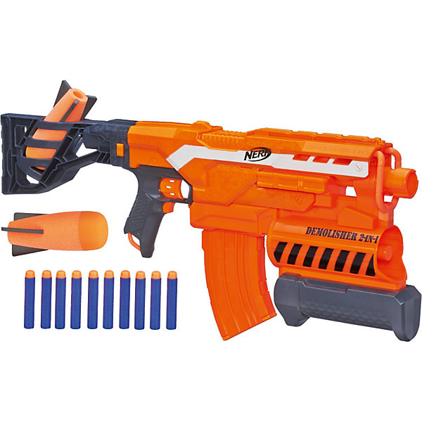 Бластер Элит Разрушитель, NERF Бластер Элит Разрушитель, NERFИгрушечные пистолеты и бластеры<br>Бластер Элит Разрушитель, NERF - мечта абсолютно любого мальчишки. Имеет два режима стрельбы - стандартными снарядами и гранатами. У модели есть приклад и прицел. В прикладе имеется емкость для хранения дополнительных снарядов. Мощность бластера позволяет поражать цель, расположенную на расстоянии до 27 метров (обычными снарядами) и на расстоянии 16 метров- гранатами. В его обойме 2 гранаты и 10 зарядов, представляющих собой небольшие пластиковые стрелы с мягким наконечником. Игрушка изготовлена из пластика высокого качества, безопасного для детей.<br><br>Дополнительная информация:<br><br>- Комплектация: бластер, 10 снарядов,2 гранаты.<br>- Материал: пластик.<br>- Элемент питания: 4 АА батарейки.<br>- Соблюдайте осторожность не стреляйте в лицо и глаза!<br><br>Бластер Элит Разрушитель (Нерф) можно купить в нашем магазине.<br><br>Ширина мм: 649<br>Глубина мм: 309<br>Высота мм: 86<br>Вес г: 1672<br>Возраст от месяцев: 96<br>Возраст до месяцев: 144<br>Пол: Мужской<br>Возраст: Детский<br>SKU: 3550832