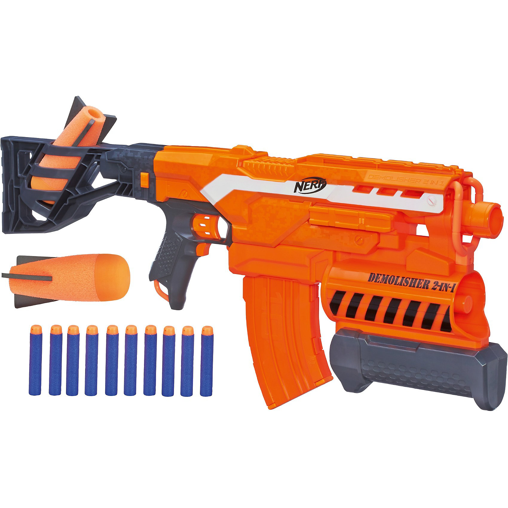 Бластер Элит Разрушитель, NERF Бластер Элит Разрушитель, NERFБластеры, пистолеты и прочее<br>Бластер Элит Разрушитель, NERF - мечта абсолютно любого мальчишки. Имеет два режима стрельбы - стандартными снарядами и гранатами. У модели есть приклад и прицел. В прикладе имеется емкость для хранения дополнительных снарядов. Мощность бластера позволяет поражать цель, расположенную на расстоянии до 27 метров (обычными снарядами) и на расстоянии 16 метров- гранатами. В его обойме 2 гранаты и 10 зарядов, представляющих собой небольшие пластиковые стрелы с мягким наконечником. Игрушка изготовлена из пластика высокого качества, безопасного для детей.<br><br>Дополнительная информация:<br><br>- Комплектация: бластер, 10 снарядов,2 гранаты.<br>- Материал: пластик.<br>- Элемент питания: 4 АА батарейки.<br>- Соблюдайте осторожность не стреляйте в лицо и глаза!<br><br>Бластер Элит Разрушитель (Нерф) можно купить в нашем магазине.<br><br>Ширина мм: 649<br>Глубина мм: 309<br>Высота мм: 86<br>Вес г: 1672<br>Возраст от месяцев: 96<br>Возраст до месяцев: 144<br>Пол: Мужской<br>Возраст: Детский<br>SKU: 3550832