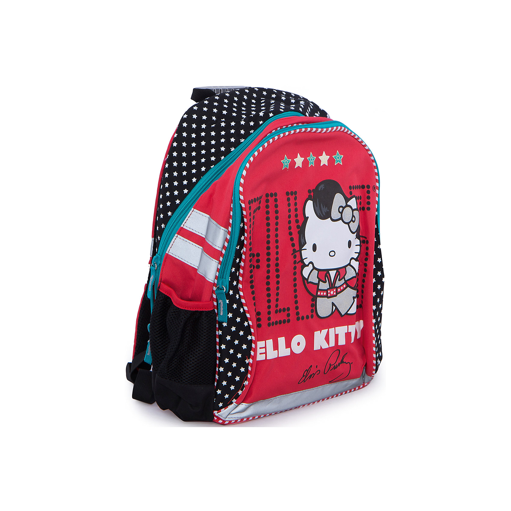 Рюкзак, мягкая спинка, Hello Kitty Рюкзак, мягкая спинка, Hello KittyСимпатичный рюкзак Hello Kitty Elvis (Хеллоу Китти Элвис) с мягкой спинкой - комфортный и стильный рюкзачок, который несомненно порадует маленькую школьницу.<br><br>Мягкая спинка рюкзака оснащена вентиляционной сеткой, застежки на молнии. Широкие лямки рюкзака регулируются по росту и размеру ребенка, имеется удобная ручка для переноски. Сбоку расположены карман для мелочей и отделение для бутылочки с водой, на лицевой стороне имеется большой жесткий карман на молнии. Для безопасности ребенка предусмотрены светоотражающие элементы. Рюкзак оформлен в стиле бренда Hello Kitty, серии Hello Kitty Elvis красного цвета с черной вставкой, лицевая сторона украшена изображением знаменитой белой кошечки. <br><br>Дополнительная информация:<br><br>- Материал: полиэстер.<br>- Размер: 39 х 31 х 12 см.<br>- Вес: 0,554 кг.<br><br>Рюкзак Hello Kitty можно купить в нашем интернет-магазине.<br><br>Ширина мм: 375<br>Глубина мм: 295<br>Высота мм: 105<br>Вес г: 554<br>Возраст от месяцев: 96<br>Возраст до месяцев: 108<br>Пол: Женский<br>Возраст: Детский<br>SKU: 3563121
