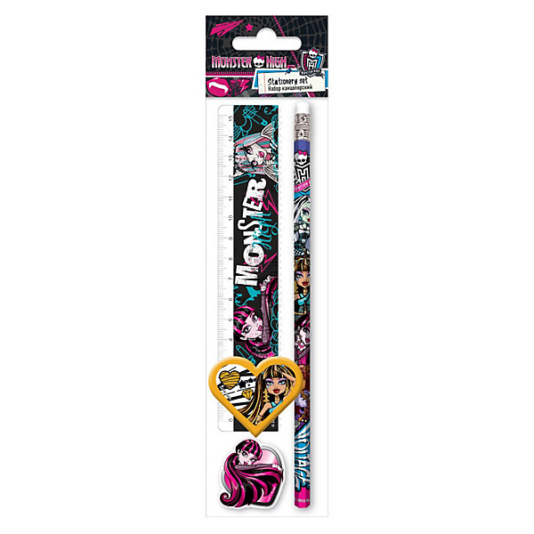 Набор: линейка, карандаш, точилка, ластик, Monster High Набор: линейка, карандаш, точилка, ластик, Monster HighMonster High<br>Канцелярский набор Monster High (Школа Монстров) в ПП пакете с подвесом порадует маленькую школьницу оригинальным дизайном в стиле популярного мультсериала Школа Монстров. В комплект входят прозрачная линейка, карандаш, точилка, фигурный ластик. Набор выполнен в оригинальном дизайне, в виде принта используется герои из всеми любимого мультфильма Monster High.<br><br>Дополнительная информация:<br><br>- В комплекте: линейка прозрачная 15 см, карандаш, точилка малая, ластик фигурный.<br>- Размер: 23 х 5,2 х 1,5 см.<br>- Вес: 35 гр.<br><br>Канцелярский набор Monster High можно купить в нашем интернет-магазине.<br><br>Ширина мм: 230<br>Глубина мм: 52<br>Высота мм: 15<br>Вес г: 35<br>Возраст от месяцев: 120<br>Возраст до месяцев: 144<br>Пол: Женский<br>Возраст: Детский<br>SKU: 3563218
