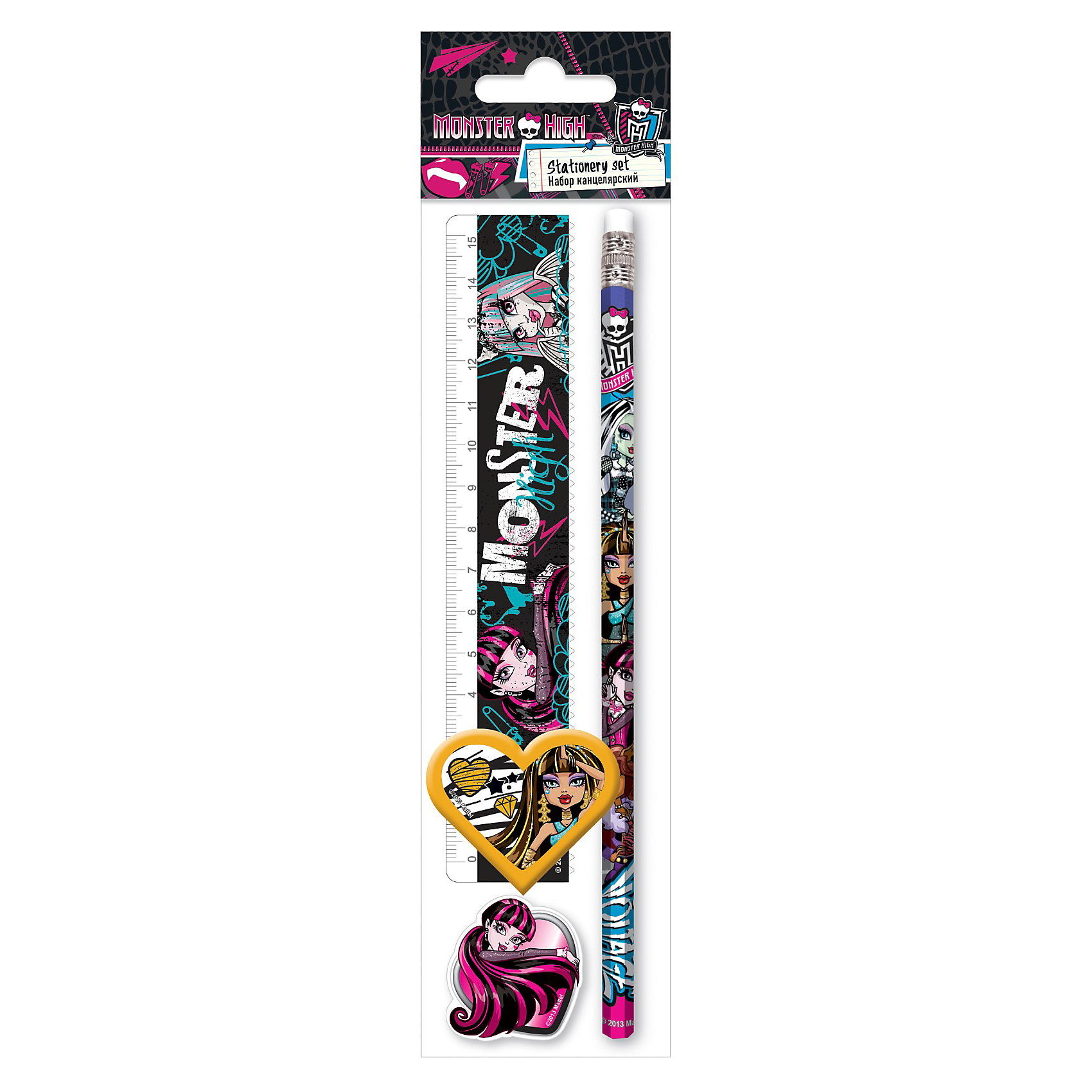 Набор: линейка, карандаш, точилка, ластик, Monster High Набор: линейка, карандаш, точилка, ластик, Monster HighMonster High<br>Канцелярский набор Monster High (Школа Монстров) в ПП пакете с подвесом порадует маленькую школьницу оригинальным дизайном в стиле популярного мультсериала Школа Монстров. В комплект входят прозрачная линейка, карандаш, точилка, фигурный ластик. Набор выполнен в оригинальном дизайне, в виде принта используется герои из всеми любимого мультфильма Monster High.<br><br>Дополнительная информация:<br><br>- В комплекте: линейка прозрачная 15 см, карандаш, точилка малая, ластик фигурный.<br>- Размер: 23 х 5,2 х 1,5 см.<br>- Вес: 35 гр.<br><br>Канцелярский набор Monster High можно купить в нашем интернет-магазине.<br><br>Ширина мм: 230<br>Глубина мм: 52<br>Высота мм: 15<br>Вес г: 35<br>Возраст от месяцев: 120<br>Возраст до месяцев: 144<br>Пол: Женский<br>Возраст: Детский<br>SKU: 3563218