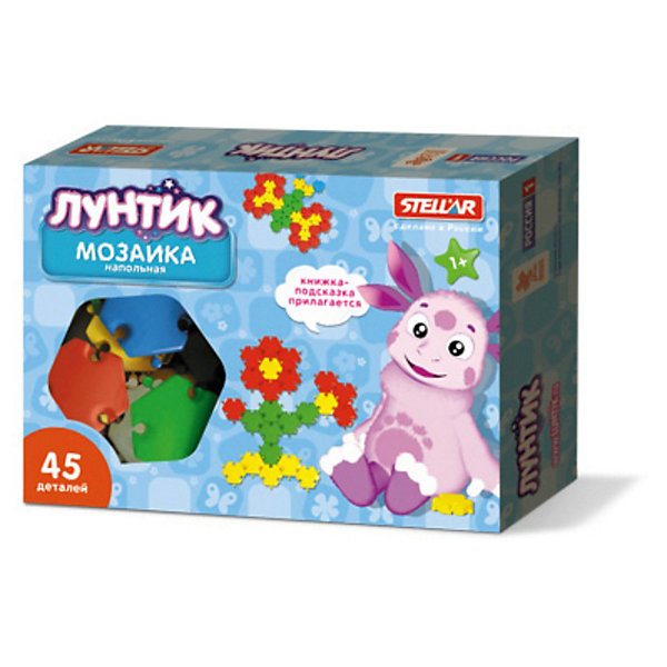 Мозаика Полянка, Лунтик, 45 деталей Мозаика Полянка, Лунтик, 45 деталейМозаика<br>Мозаика Полянка, Лунтик, 45 деталей – это яркий, увлекательный и развивающий подарок для вашего ребенка.<br>Мозаика Полянка, Лунтик — это напольная мозаика-конструктор для малышей. Детали мозаики сделаны в виде шестиугольников размером 60 мм. Высота деталей около 10 мм. С трех сторон шестиугольника есть выступы округлой формы, а с трех других сторон — вогнутости той же формы. Таким образом, детали мозаики соединяются между собой как элементы обычного пазла. Но в отличие от пазла, в этой мозаике можно соединять любые детали любой стороной. Дизайн элементов (наличие специальных углублений для пальцев) дает возможность легко извлекать фишки, располагающиеся в центре созданного рисунка. Специально разработанный вид креплений помогает создать подвижные конструкции. Мозаика сделана из твердого и гигиеничного пластика, который легко моется в теплой воде. В наборе имеются детали четырех цветов: красные, желтые, зеленые и голубые. Мозаику можно легко выкладывать на любой горизонтальной поверхности — на столе, на полу, или на траве или земле на улице. В книжке-подсказке приведены примеры фигурок. Занятия с мозаикой хорошо развивают творческие способности, воображение, координацию движений, мелкую моторику рук и ориентировку на плоскости воображение.<br><br>Дополнительная информация:<br><br>- Возраст: для детей от 3 лет<br>- В наборе: фишки диаметром 60 мм - 45 шт.; книжка с рисунками<br>- Размер упаковки: 35 x 25 x 7 см.<br>- Материал: пластик<br><br>Мозаику Полянка, Лунтик, 45 деталей можно купить в нашем интернет-магазине.<br><br>Ширина мм: 290<br>Глубина мм: 195<br>Высота мм: 40<br>Вес г: 437<br>Возраст от месяцев: 12<br>Возраст до месяцев: 72<br>Пол: Унисекс<br>Возраст: Детский<br>SKU: 3616327