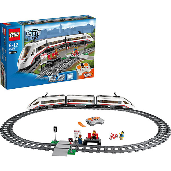 LEGO City 60051: Скоростной пассажирский поезд LEGO City 60051: Скоростной пассажирский поездИдеи подарков<br>Характеристики:<br><br>• Предназначение: набор для конструирования, сюжетно-ролевые игры<br>• Пол: для мальчиков<br>• Материал: пластик<br>• Цвет: серый, белый, оранжевый, бордовый<br>• Серия LEGO: City<br>• Размер упаковки (Д*Ш*В): 58,2*10,3*37,8 см<br>• Вес: 2 кг 228 г<br>• Количество деталей: 610 шт.<br>• Наличие дистанционного управления<br>• Комплектация: рельсы, вагончики, 3 мини-фигурки, аксессуары<br>• Батарейки: 9 шт. типа ААА (в комплекте не предусмотрены)<br><br>LEGO City 60051: Скоростной пассажирский поезд – набор от всемирно известного производителя конструкторов для детей всех возрастных категорий. LEGO City 60051: Скоростной пассажирский поезд является базовым набором серии City. Набор включает в себя рельсы для железной дороги, 3 вагончика, 3 мини-фигурки, светофор, детали для железно-дорожной платформы. Поезд управляется с помощью пульта дистанционного управления, имеет 7 скоростей движения. В комплекте предусмотрена яркая инструкция, которая научит вашего ребенка действовать по образцу. <br>Игры с конструкторами LEGO развивают усидчивость, внимательность, мелкую моторику рук, способствуют формированию конструкторского мышления. С набором LEGO City 60051: Скоростной пассажирский поезд ваш ребенок сможет придумывать целые сюжетные истории, развивая тем самым воображение и обогащая свой словарный запас. <br><br>LEGO City 60051: Скоростной пассажирский поезд можно купить в нашем интернет-магазине.<br><br>Ширина мм: 582<br>Глубина мм: 372<br>Высота мм: 105<br>Вес г: 2183<br>Возраст от месяцев: 60<br>Возраст до месяцев: 144<br>Пол: Мужской<br>Возраст: Детский<br>SKU: 3623202