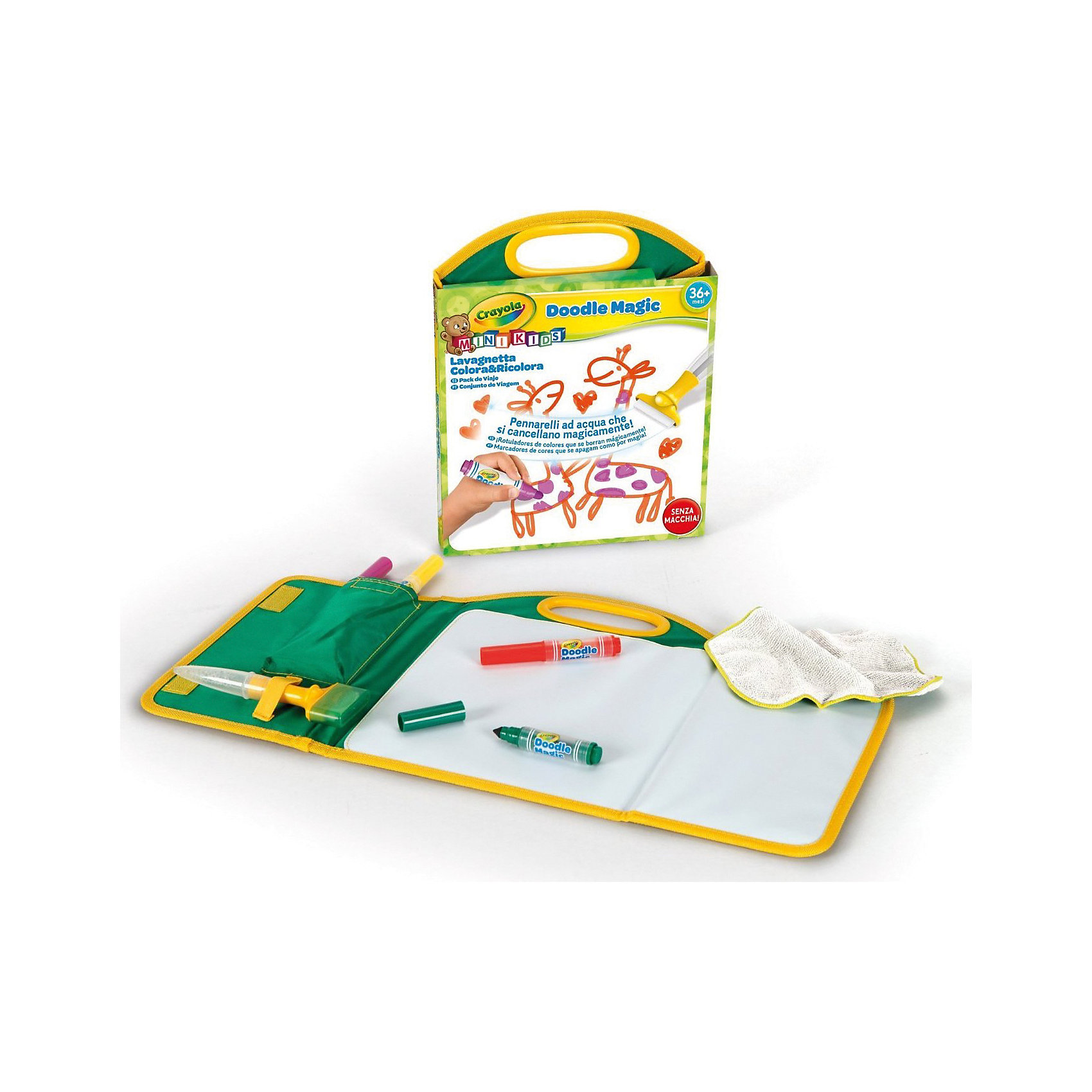Дорожный набор Doodle magic, Crayola Дорожный набор Doodle magic, CrayolaНаборы для раскрашивания<br>Детский дорожный набор для рисования Doodle Magic всегда удобно брать с собой. Он имеет удобные для переноски размеры, но при этом включает все необходимое для рисования. <br>Уникальность маркеров Doodle Magic в том, что рисунки, сделанные с их помощью, можно удалить с любой поверхности обычной водой. Даже с одежды. А тряпочка и губка, которые тоже входят в набор, заметно облегчат эту задачу. В коробке с набором вы найдете 3 маркера Doodle Magic, а также полотно для рисования. Оно идеально подойдет для рисования и заменит обычную бумагу. Причем использовать эту поверхность можно бесконечное число раз. <br>Рекомендуется для детей от 3 лет.<br><br>Ширина мм: 284<br>Глубина мм: 225<br>Высота мм: 35<br>Вес г: 296<br>Возраст от месяцев: 36<br>Возраст до месяцев: 72<br>Пол: Унисекс<br>Возраст: Детский<br>SKU: 3638595