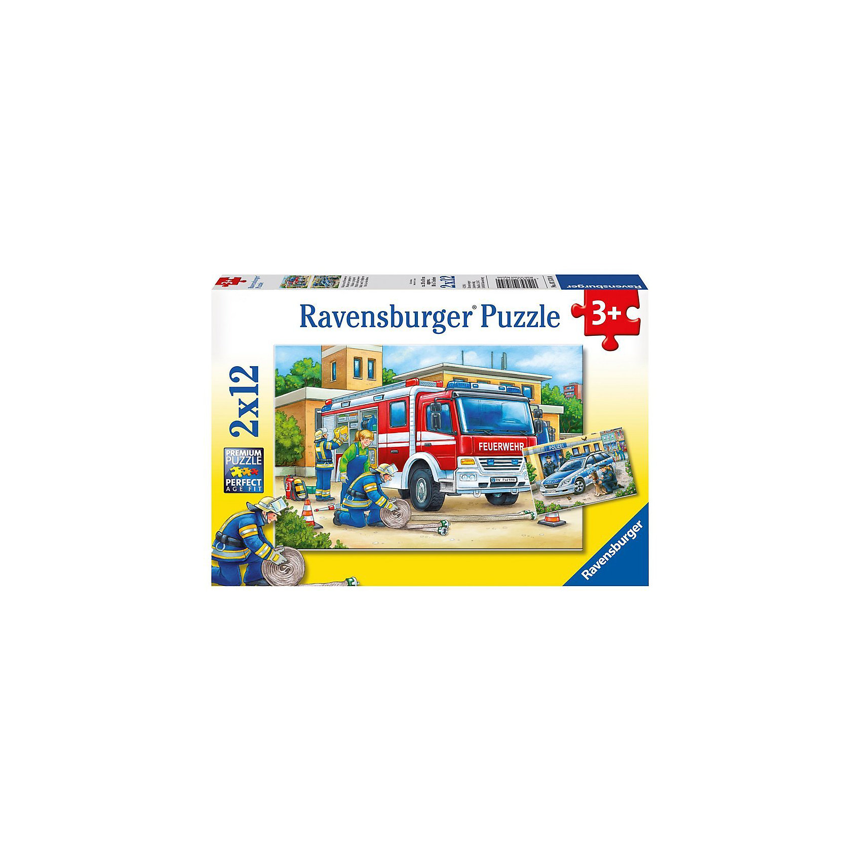 Пазл «Полицейские и пожарные», 2х12 деталей, Ravensburger Пазл «Полицейские и пожарные», 2х12 деталей, RavensburgerПазлы для малышей<br>Пазл «Полицейские и пожарные», 2х12 деталей, Ravensburger (Равенсбургер).<br><br>Характеристика:<br><br>• Материал: картон.<br>• Размер упаковки: 19х28х4 см. <br>• Размер готовой картинки: 19х26 см. <br>• Количество деталей: 24 (2 пазла по 12 деталей).<br><br>В этом наборе целых два пазла, собрав которые ты узнаешь, чем занимаются полицейские и пожарные. Яркая красочная картинка станет отличным украшением детской или же замечательным подарком, сделанным своими руками. Собирание пазлов - увлекательное и полезное занятие, развивающее моторику рук, внимание, усидчивость и образное мышление. <br><br>Пазл «Полицейские и пожарные», 2х12 деталей, Ravensburger (Равенсбургер) можно купить в нашем интернет-магазине.<br><br>Ширина мм: 279<br>Глубина мм: 193<br>Высота мм: 38<br>Вес г: 280<br>Возраст от месяцев: 36<br>Возраст до месяцев: 60<br>Пол: Мужской<br>Возраст: Детский<br>Количество деталей: 12<br>SKU: 3651508