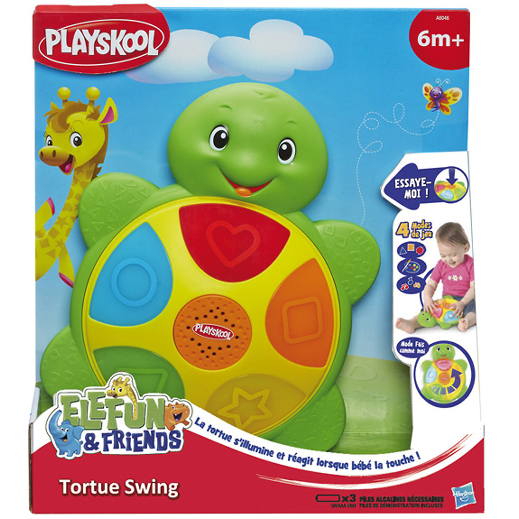 Черепашка Цвета и Формы, PLAYSKOOL Черепашка Цвета и Формы, PLAYSKOOLИнтерактивные игрушки для малышей<br>Интерактивная яркая развивающая Черепашка Цвета и Формы, PLAYSKOOL (Плейскул) привлечет внимание любого малыша, который в легкой игровой форме сможет изучить основные цвета и формы. Игрушка представляет собой небольшую черепашку с панцирем-панелью, на которой расположены кнопочки разных цветов с изображением фигурок. В центре находится кнопка, при нажатии на которую определяется режим. Если ребенок выбирает режим «цвета», то при нажатии на любую кнопочку, происходит озвучивание соответствующего цвета. Благодаря функции музыка малыш сможет самостоятельно узнавать ноты и придумать собственную мелодию.<br><br>Характеристики:<br>-4 режима игры: фигуры, цвета, музыка, следи за мной<br>-Развивает: речь, внимательность, мышление, мелкую моторику, двигательную активность рук, слуховое и визуальное восприятие, причинно-следственные связи<br>-Отключаемое музыкальное сопровождение<br>-Световые эффекты<br>-Черепашка раскачивается, если ее положить на пол во время игры<br>-Яркие и красочные цвета<br><br>Комплектация: черепашка, инструкция<br><br>Дополнительная информация:<br>-Материалы: пластмасса<br>-Работает от батарейки типа 3хAA (LR03) (входят в комплект)<br>-Размер игрушки: 18x6x23 см<br>-Вес игрушки: 290 г<br><br>Такая Черепашка обязательно понравится Вашему малышу и благодаря яркому панцирю, который светится и реагирует на прикосновение, обучение станет еще веселее, а 4 режима обучения научат ребенка цветам, формам и звукам в игровой форме!<br><br>Черепашка Цвета и Формы, PLAYSKOOL (Плейскул) можно купить в нашем магазине.<br><br>Ширина мм: 282<br>Глубина мм: 255<br>Высота мм: 76<br>Вес г: 422<br>Возраст от месяцев: 72<br>Возраст до месяцев: 109<br>Пол: Унисекс<br>Возраст: Детский<br>SKU: 3674977