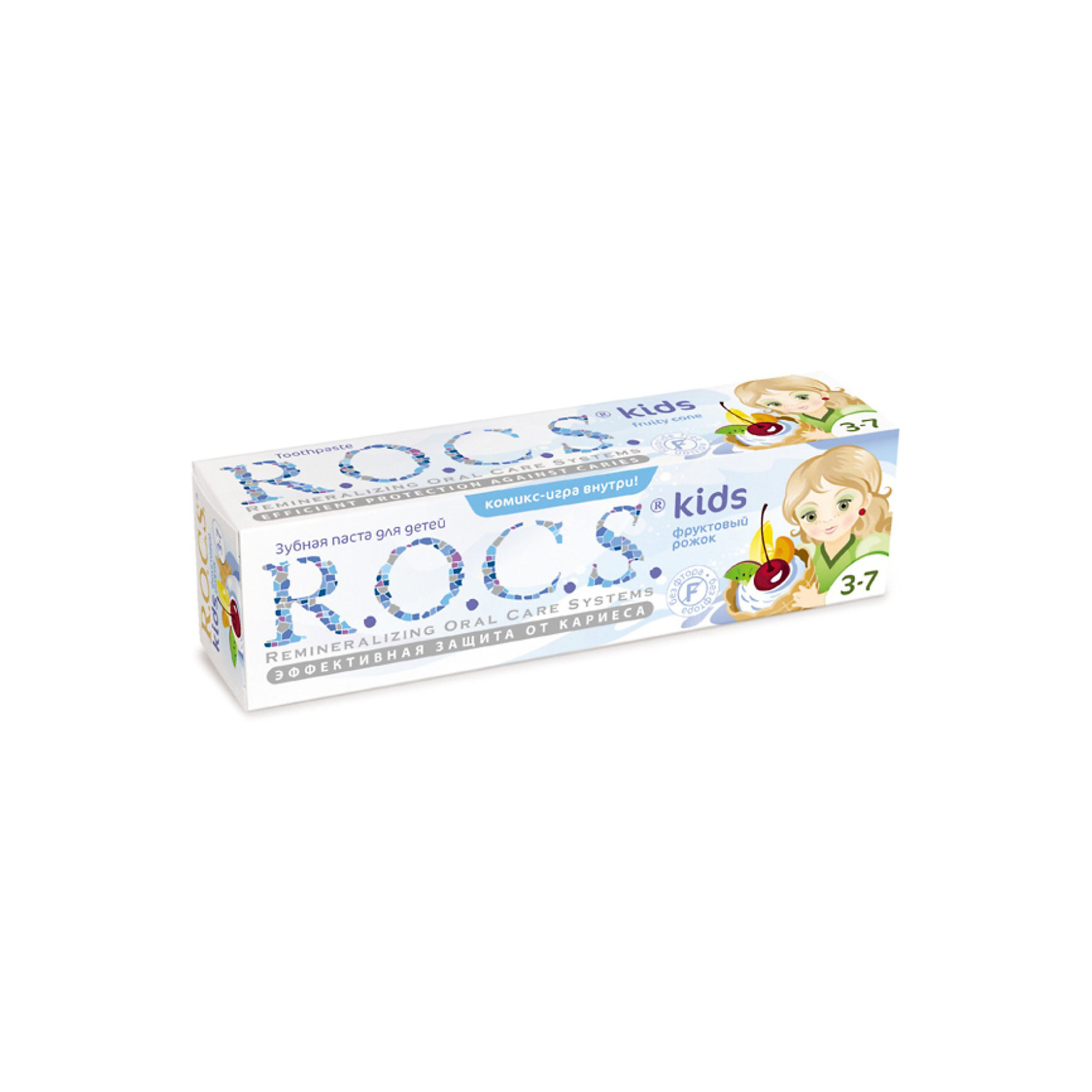 Детская зубная паста Фруктовый рожок, R.O.C.S. Kids, 3-7 лет, 45г. Детская зубная паста Фруктовый рожок, R.O.C.S. Kids, 3-7 лет, 45г.Зубные пасты<br>Детская зубная паста Фруктовый рожок, R.O.C.S. Kids, 3-7 лет, 45г. - это эффективная формула для защиты от кариеса без фтора.<br><br>Противокариозная и противовоспалительная защита обеспечивается двумя активными компонентами: высокими концентрациями ксилита (12%), который подавляет кариесогенные бактерии, и биодоступными минералами - глицерофосфатом кальция и хлорида магния - источниками кальция, фосфора и магния. Обладает свойствами пребиотика – нормализует микробный состав полости рта, что особенно важно при дисбактериозах полости рта. Обладает низкой абразивностью. Может быть рекомендована детям склонным к аллергии. Обладает чудесным вкусом фруктового мороженого.<br><br>Дополнительная информация:<br><br>- вес: 48 г<br>- размер упаковки: 35х127х30 мм<br><br>Детская зубная паста Фруктовый рожок, R.O.C.S. Kids, 3-7 лет, 45г. превратит чистку зубов в удовольствие!<br><br>Детскую зубную пасту Фруктовый рожок, R.O.C.S. Kids (РОКС), 3-7 лет, 45г. можно купить в нашем магазине.<br><br>Ширина мм: 35<br>Глубина мм: 127<br>Высота мм: 30<br>Вес г: 48<br>Возраст от месяцев: 36<br>Возраст до месяцев: 84<br>Пол: Унисекс<br>Возраст: Детский<br>SKU: 3713827