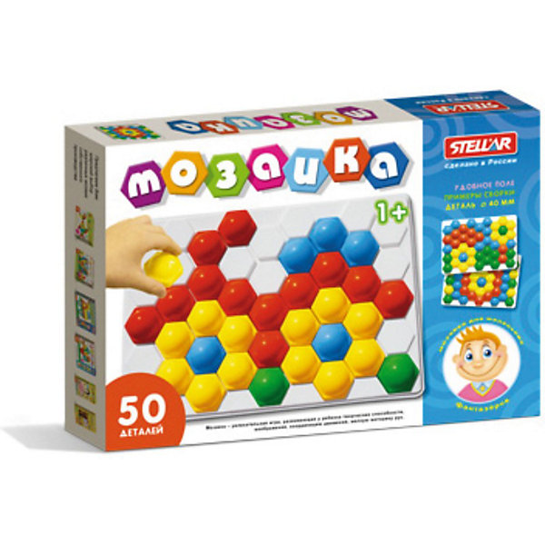 Мозаика, 50 элементов, Стеллар Мозаика, 50 элементов, СтелларМозаика<br>Мозаика Стеллар из 50 элементов с крупными, выпуклыми деталями в виде шестигранников – это увлекательная развивающая игра для малышей. Накладывая их на выпуклые ячейки поля, ребенок сможет выложить любой рисунок. Рисунки, представленные на упаковке, являются только примером, так как универсальная мозаика раскрывает перед ребенком неограниченные возможности моделирования и создания множества своих собственных рисунков, от простейших геометрических фигур и разноцветного орнамента, до сложных рисунков животных, цветов и всего, что только подскажет фантазия. <br>Мозаика это не только увлекательная, но и развивающая игра. Во время занятий с мозаикой, ребенок научится комбинировать цвета, получит представление о геометрических фигурах, простейшем счете. Мозаика развивает мелкую моторику рук, координацию движений, творческие способности, логическое мышление и воображение, усидчивость и трудолюбие. Все детали мозаики выполнены из качественных материалов и совершенно безвредны для детей.<br><br>Дополнительная информация:<br><br>- Материал: полипропилен<br>- В наборе: 50 деталей, поле<br>- Цвета мозаики: зеленый, желтый, красный, синий, белый<br>- Размер фишки: 40 х 45 х 22 мм.<br>- Размер поля: 240 х 350 мм.<br>- Размер коробки: 40 х 240 х 350 мм.<br>- Вес: 260 гр.<br><br>Мозаику, 50 элементов, Стеллар можно купить в нашем интернет-магазине.<br><br>Ширина мм: 40<br>Глубина мм: 350<br>Высота мм: 240<br>Вес г: 260<br>Возраст от месяцев: 12<br>Возраст до месяцев: 72<br>Пол: Унисекс<br>Возраст: Детский<br>SKU: 3726292