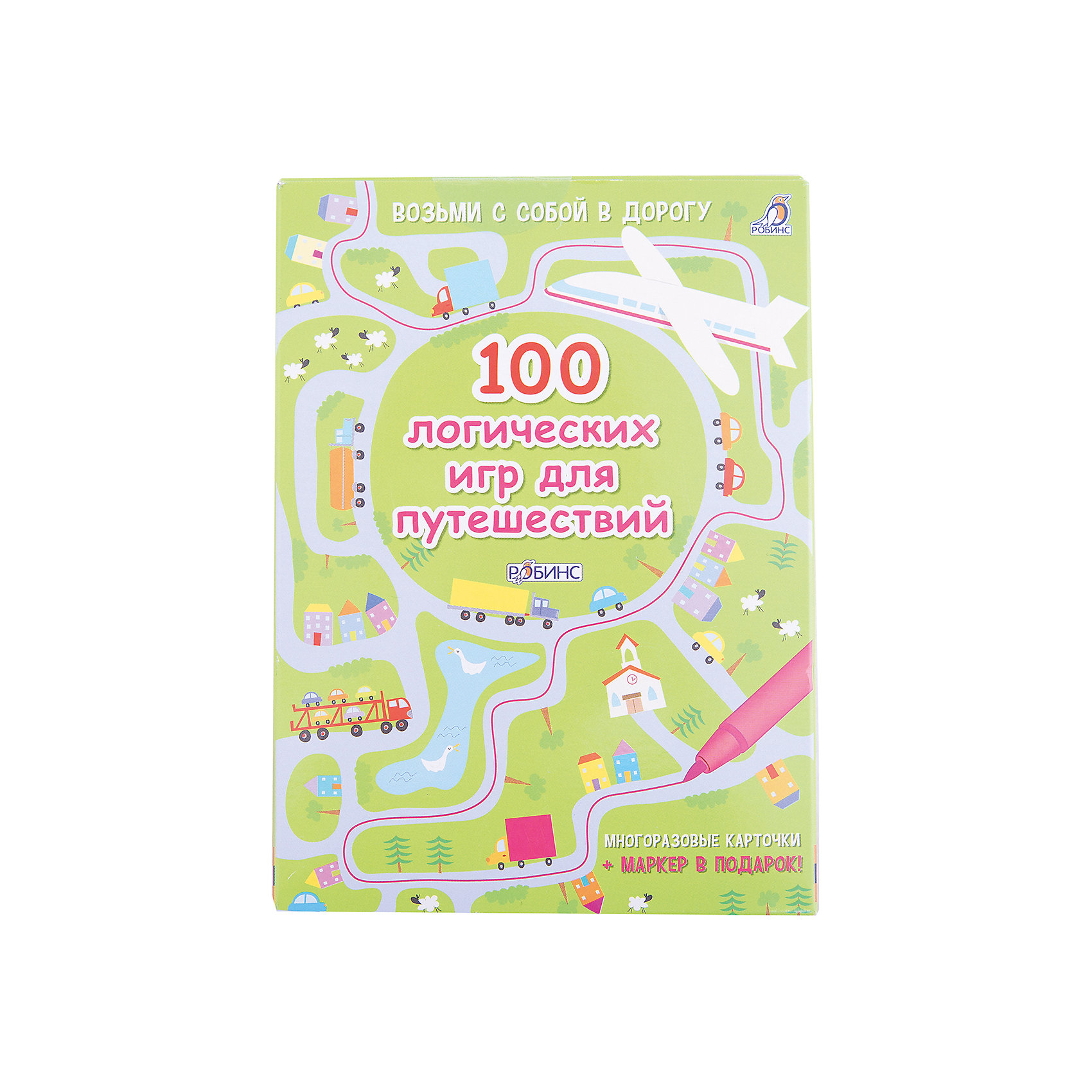 Карточки 100 логических игр для путешествий Карточки 100 логических игр для путешествийРазвивающие книги<br>Увлекательный набор «100 логических игр для путешествий» поможет маленькому путешественнику интересно и весело провести время во время длительных поездок. В наборе представлены специальные карточки с разнообразными играми, головоломками, заданиями для развития логики, смекалки и творческого мышления, а также маркер, которым можно рисовать и писать. Поверхность карточек обладает стирающимися свойствами: пометки и рисунки сделанные на них легко стираются.<br><br>Дополнительная информация:<br><br>- Художник: Н. Фигг.<br>- Иллюстрации: цветные.<br>- Объем: 50 карточек в картонной коробке. <br>- Размер упаковки: 15,5 х 11,5 х 2,5 см.<br>- Вес: 0,295 кг. <br><br>Набор Асборн - карточек 100 логических игр для путешествий, Робинс можно купить в нашем интернет-магазине.<br><br>Ширина мм: 155<br>Глубина мм: 25<br>Высота мм: 115<br>Вес г: 295<br>Возраст от месяцев: 36<br>Возраст до месяцев: 60<br>Пол: Унисекс<br>Возраст: Детский<br>SKU: 3733252
