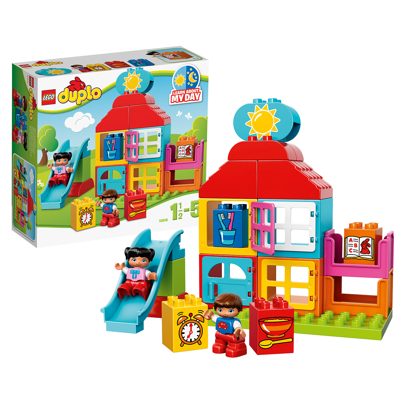 LEGO DUPLO 10616: Мой первый игровой домик LEGO DUPLO 10616: Мой первый игровой домикПластмассовые конструкторы<br>Приучить ребенка к порядку и познакомить с устройством дома поможет игровой набор LEGO DUPLO (ЛЕГО Дупло) 10616: Мой первый игровой домик. Основой конструкции домика являются прямоугольные разноцветные блоки с открывающимися окошками. Чтобы определиться с назначением комнат (ванная, столовая, кухня, спальня), малыш должен воспользоваться кубиками с рисунками, обозначающими соответствующие помещения. В набор входят 4 таких кубика, а также элемент с изображением солнышка и месяца. Кроме того из деталей набора можно построить горку, которая станет любимым аттракционом для мальчика и девочки, поселившихся в этом кукольном домике.<br><br>Конструкторы LEGO DUPLO (ЛЕГО ДУПЛО), предназначенные для детей дошкольного возраста, сочетают игру и обучение, а также развивают мелкую моторику, пространственное мышление и творческие способности малышей и дошкольников. Кубики LEGO DUPLO (ЛЕГО ДУПЛО) в 8 раз больше, чем обычные кубики, что позволяет ребенку удобно их держать и быстро строить. Большое количество дополнительных элементов делает игровые сюжеты по-настоящему захватывающими и реалистичными. Все наборы ЛЕГО ДУПЛО соответствуют самым высоким европейским стандартам качества и абсолютно безопасны. <br><br>Дополнительная информация:<br>-Размер упаковки: 28,2x26,2x9,5 см<br>-Размеры игрового домика: 22 х 19 х 9 см<br>-Размеры горки: 9 х 4 х 13 см<br>-Вес: 0,60 кг<br>-Деталей: 25 шт.<br>-Материал: пластик<br>-Весь набор упакован в фирменную картонную коробку ЛЕГО<br><br>LEGO DUPLO (ЛЕГО Дупло) 10616: Мой первый игровой домик можно купить в нашем магазине.<br><br>Ширина мм: 263<br>Глубина мм: 284<br>Высота мм: 99<br>Вес г: 599<br>Возраст от месяцев: 18<br>Возраст до месяцев: 60<br>Пол: Унисекс<br>Возраст: Детский<br>SKU: 3786049