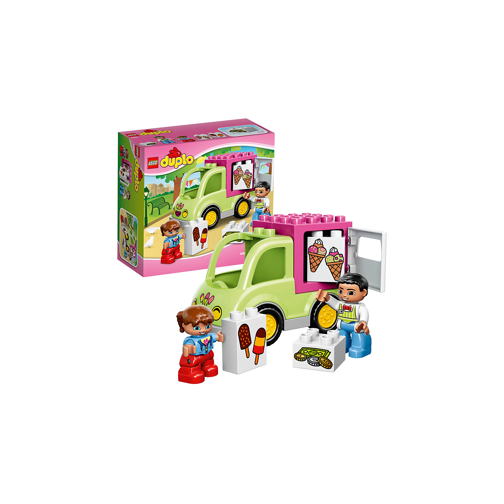 LEGO DUPLO 10586: Фургон с мороженым LEGO DUPLO 10586: Фургон с мороженымПластмассовые конструкторы<br>Чтобы охладиться знойным летом, выберите вкусное мороженое из набора LEGO DUPLO (ЛЕГО ДУПЛО) 10586: Фургон с мороженым. А затем помогите мороженщику продавать фруктовый лед и мороженое, объезжая на салатово-розовом фургончике улицы города. Багажный отсек грузовика представляет собой большой холодильник с открывающейся боковой стенкой. В нём достаточно места для хранения разных сортов мороженого. Платить можно деньгами, нарисованными на кубике. Конструктор - это один из самых увлекательнейших и веселых способов времяпрепровождения. Ребенок сможет часами играть с конструктором, придумывая различные ситуации и истории. <br><br>Конструктор серии ЛЕГО ДУПЛО рассчитан на самых маленьких детей: детали крупные, безопасные, удобные для маленьких ручек. В процессе игры с конструкторами ЛЕГО ДУПЛО ребята постигают необходимые навыки, такие как, как познание, творчество, воображение. Большое количество дополнительных элементов делает игровые сюжеты по-настоящему захватывающими и реалистичными. Все наборы ЛЕГО ДУПЛО соответствуют самым высоким европейским стандартам качества и абсолютно безопасны. <br><br>Дополнительная информация:<br>-Состав: 11 элементов для сборки, 2 мини-фигурки (мороженщик и ребенок), инструкция по сборке<br>-Материал: пластик<br>-Размеры в упаковке: 2,5х19,1х9,2 см<br>-Размер фургона с мороженным: 10 х 14 х 7 см<br>-Вес: 0,32 кг<br><br><br>LEGO DUPLO (ЛЕГО ДУПЛО) 10586: Фургон с мороженым можно купить в нашем магазине.<br><br>Ширина мм: 207<br>Глубина мм: 190<br>Высота мм: 93<br>Вес г: 315<br>Возраст от месяцев: 24<br>Возраст до месяцев: 60<br>Пол: Женский<br>Возраст: Детский<br>SKU: 3786052