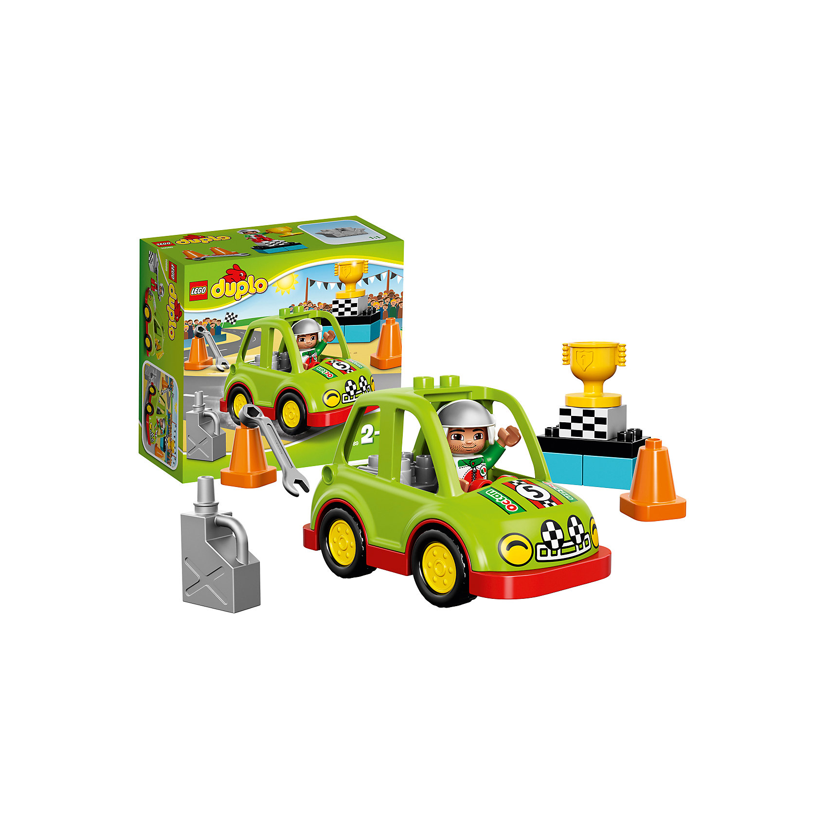 LEGO DUPLO 10589: Гоночный автомобиль LEGO DUPLO 10589: Гоночный автомобильПластмассовые конструкторы<br>Маневренный автомобиль из набора LEGO DUPLO (ЛЕГО ДУПЛО) 10589: Гоночный автомобиль станет отличным подарком для всех начинающих любителей скорости и конструирования! Его корпус собирается из салатово-красных деталей. Кабина водителя позволяет вместить фигурку водителя и мотор. Проверьте исправность двигателя с помощью гаечного ключа, заправьте автомобиль с помощью канистры и садитесь за руль! В наборе есть элементы для проведения настоящих гонок: конусы, пьедестал почёта, финишный флаг и золотой кубок победителя.<br><br>Новинка 2015 года ЛЕГО ДУПЛО: Гоночный автомобиль разработана специально для маленьких поклонников ралли. Кубики LEGO DUPLO (ЛЕГО ДУПЛО) в 8 раз больше, чем обычные кубики, что позволяет детям раннего возраста удобно их держать и быстро строить. С помощью набора ребенок в форме захватывающей игры познакомится с основами конструирования, а также разовьет мелкую моторику, пространственное мышление и творческие способности. Большое количество дополнительных элементов делает игровые сюжеты по-настоящему захватывающими и реалистичными. Все наборы ЛЕГО ДУПЛО соответствуют самым высоким европейским стандартам качества и абсолютно безопасны. <br> <br> Дополнительная информация:<br>-Состав: 1 мини-фигурка водителя, 13 деталей<br>-Размер автомобиля в собранном виде составляет 9х14х7 см<br>-Размер пьедестала: 5 х 6 х 3 см<br>-Размеры в упаковке: 20,5х19,1х9,2 см<br>-Вес: 0,29 кг<br>-Материал: пластик<br><br><br>LEGO DUPLO (ЛЕГО ДУПЛО) 10589: Гоночный автомобиль можно купить в нашем магазине.<br><br>Ширина мм: 209<br>Глубина мм: 192<br>Высота мм: 93<br>Вес г: 306<br>Возраст от месяцев: 24<br>Возраст до месяцев: 60<br>Пол: Мужской<br>Возраст: Детский<br>SKU: 3786053