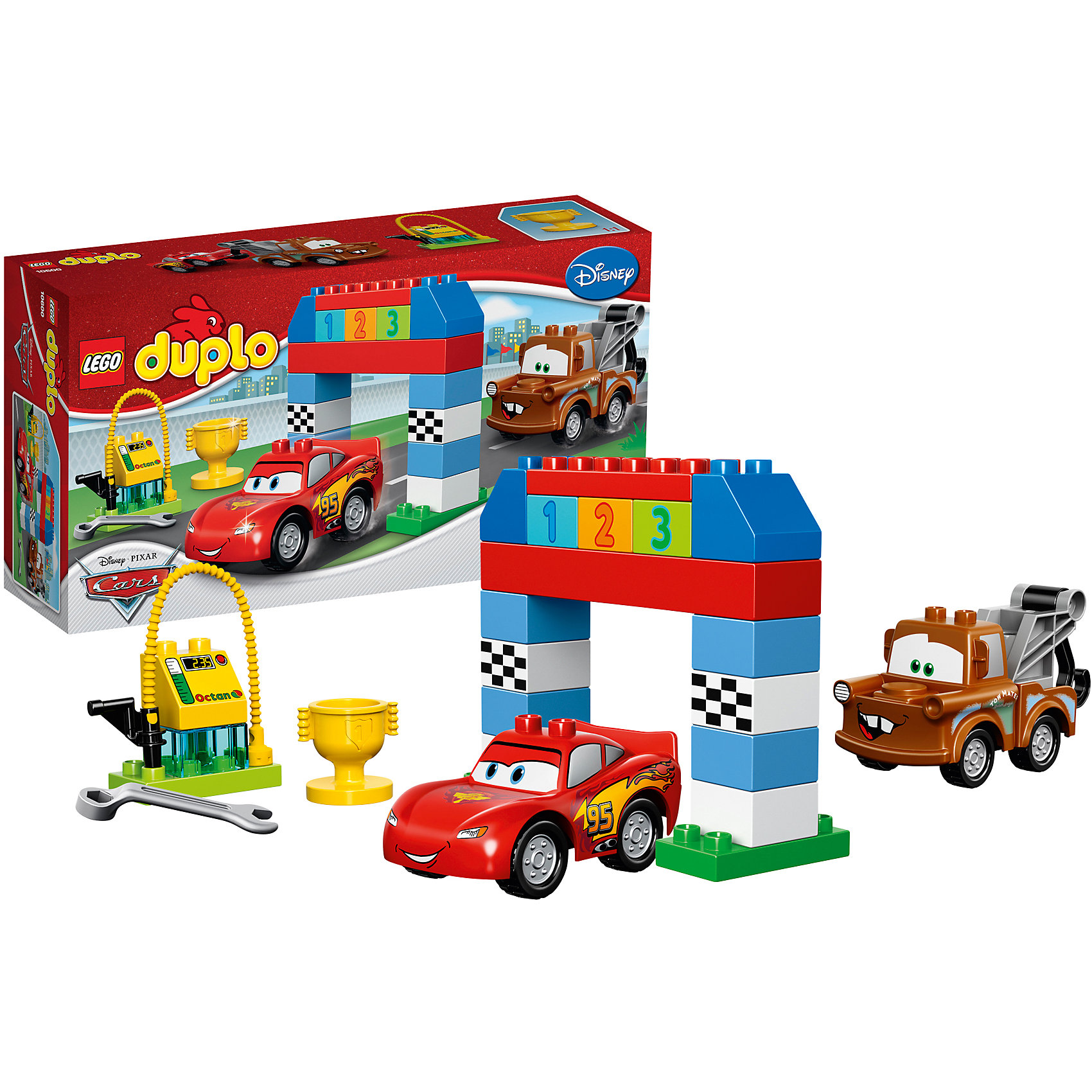 LEGO DUPLO 10600: Гонки на Тачках LEGO DUPLO 10600: Гонки на ТачкахЮные автолюбители и поклонники мультсериала «Тачки» непременно оценят новый набор от LEGO DUPLO (ЛЕГО Дупло) 10600: Гонки на Тачках. В наборе 29 деталей, из которых можно собрать главных героев – Мэтра и Маккуина, гоночную трассу со стартово-финишной аркой, ремонтный бокс и заправочной колонкой. Маккуин и его верный друг Мэтр решили устроить небольшое соревнование, чтобы выяснить, кто из них самый быстрый и ловкий. Построив для них гоночную трассу, можно устроить настоящее соревнование. При необходимости можно сделать питстоп для дозаправки автомобилей. Кто же станет победит и получит золотой кубок победителя?<br><br>Конструкторы LEGO DUPLO (ЛЕГО ДУПЛО), предназначенные для детей дошкольного возраста, сочетают игру и обучение, а также развивают мелкую моторику, пространственное мышление и творческие способности малышей и дошкольников. Кубики LEGO DUPLO (ЛЕГО ДУПЛО) в 8 раз больше, чем обычные кубики, что позволяет ребенку удобно их держать и быстро строить. Большое количество дополнительных элементов делает игровые сюжеты по-настоящему захватывающими и реалистичными. Все наборы ЛЕГО ДУПЛО соответствуют самым высоким европейским стандартам качества и абсолютно безопасны. <br><br>Дополнительная информация:<br>-Размер упаковки: 35,4х19,1х9,1 см<br>-Размеры машинки Молния Маккуин: 5 см х 10 см х 6 см<br>-Размеры Мэтра: 5 см х 10 см х 6 см<br>-Размеры стартовой позиции: 13 см х 16 см х 3 см<br>-Размеры заправочной станции: 13 см х 6 см х 3 см<br>-Вес: 0,32 кг<br>-Деталей: 29 шт.<br>-Материал: пластик<br><br>LEGO DUPLO (ЛЕГО Дупло) 10600: Гонки на Тачках можно купить в нашем магазине.<br><br>Ширина мм: 356<br>Глубина мм: 187<br>Высота мм: 96<br>Вес г: 494<br>Возраст от месяцев: 24<br>Возраст до месяцев: 60<br>Пол: Мужской<br>Возраст: Детский<br>SKU: 3786056