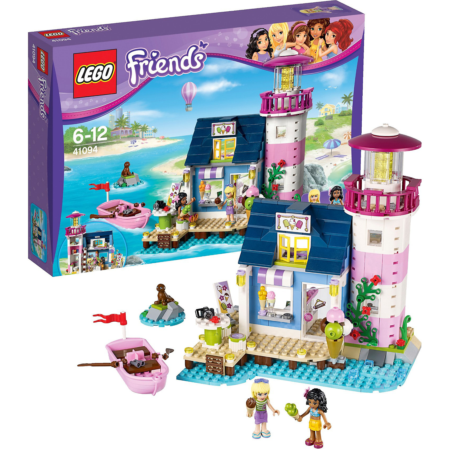 LEGO Friends 41094: Маяк LEGO Friends 41094: МаякНабор LEGO Friends (ЛЕГО Подружки) 41094: Маяк представляет собой двухэтажное здание уютного кафе-мороженого на берегу моря в сине-голубых тонах. Перед входом в кафе стоит огромный макет мороженого в вафельном рожке. В распоряжении посетителей есть стол и 2 стула, чтобы насладиться великолепным вкусом мороженого. В кафе предусмотрены туалетная комната и небольшая мансарда, чтобы освежиться и отдохнуть от жаркого солнца. Полосатый маяк тоже является очень интересным объектом для исследования. Можно подняться на его смотровую площадку и понаблюдать за морским котиком, который греется на скале неподалеку. А внутри маяка скрыта потайная комната с секретом! Ваша задача – найти ее. В наборе Вы найдете 2 фигурки подружек, Стефани и Кейт, и множество аксессуаров для веселой игры: лодка, скала для тюленя, морозильный шкаф, стол и 2 стула, деньги, украшения для волос, солнечные очки, бинокль, фотоаппарат, меню и кассовый аппарат. При желании набор Лего Подружки 41094: Маяк можно объединить с набором Лего Подружки 41097: Воздушный шар Хартлейк Сити.<br><br>Конструирование – это полезное и увлекательное занятие, которое развивает моторику, речь и фантазию. Уникальная серия Lego Friends (Подружки) – это коллекция тематических наборов о крепкой дружбе 5 девочек. Каждый набор Лего серии Подружки – это сюжеты, близкие и понятные девчонкам: новые платья, интерьер дома, питомцы, прогулки на автомобиле и многое другое. При желании игру можно разнообразить героями и аксессуарами из разных конструкторов коллекции Лего Подружки. Все наборы ЛЕГО Подружки соответствуют самым высоким европейским стандартам качества и абсолютно безопасны. <br><br>Дополнительная информация:<br>-Состав: 473 детали, 2 мини-фигурки (Стефани и Кейт), инструкция<br>-Размеры упаковки: 38,2х26,2х7 см<br>-Размеры маяка в собранном виде: 26,2 х 38,2 х 70,5 см<br>-Вес: 0,917 кг<br>-Материал: пластик<br>-Весь набор упакован в фирменную картонную коробку ЛЕГО<br><br>LEGO Friends (ЛЕГО Подружки) 41094: Маяк можно купить в нашем магазине.<br><br>Ширина мм: 384<br>Глубина мм: 261<br>Высота мм: 71<br>Вес г: 794<br>Возраст от месяцев: 72<br>Возраст до месяцев: 156<br>Пол: Женский<br>Возраст: Детский<br>SKU: 3786070