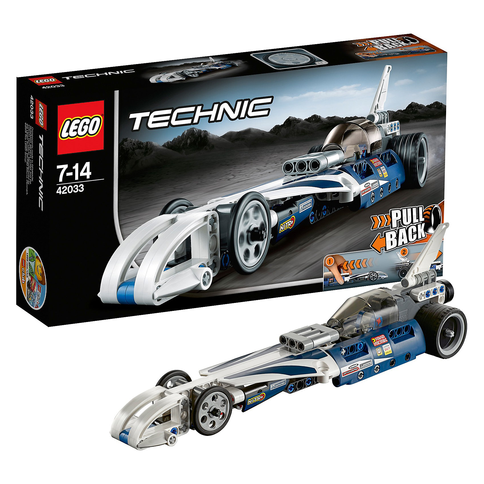 LEGO Technic 42033: Рекордсмен LEGO Technic 42033: РекордсменУникальный автомобиль LEGO Technic (ЛЕГО Техник) 42033: Рекордсмен отлично подходит для гоночных соревнований. Его обтекаемый корпус выполнен в сине-белой гамме с добавлением наклеек и логотипов гонок. Он оснащен затемненной кабиной и мощным высокоскоростным инерционным двигателем. В кабине есть приборная панель, рычаги управления и место для одного гонщика. Благодаря инерционному двигателю, авто может разгоняться до рекордных скоростей. Достаточно немного оттянуть корпус автомобиля назад и отпустить – он молниеносно пересечёт линию финиша первым. Объедини с Рекордсменом (артикул 42033), у тебя получится мега-потрясающий экстремальный внедорожник, который будет ездить еще быстрее!<br><br>Все наборы серии ЛЕГО Техник позволяют собрать довольно подробные модели транспортных средств, которые помогают ребенку составить представление о том, как устроены и работают автомобили. Построение моделей техник способствует развитию мелкой моторики, логики, пространственного воображения. В серии Лего Техник найдутся транспортные средства на любой вкус: тракторы и экскаваторы, внедорожники и квадроциклы, самосвалы и гоночные автомобили. Некоторые машины можно моторизировать с помощью Power Function (продается отдельно). Модели ЛЕГО Техник высокодетализированы и имеют множество подвижных узлов и действующих механизмов.<br><br>Дополнительная информация:<br>-Размер упаковки: 26,2х14,1х4,8 см<br>-Размер авто в собранном виде: 8х29х7 см<br>-Вес: 0,26 кг<br>-Состав: 125 деталей, инструкция<br>-Материал: пластик<br>-Весь набор упакован в фирменную картонную коробку ЛЕГО<br><br>LEGO Technic (ЛЕГО Техник) 42033: Рекордсмен можно купить в нашем магазине.<br><br>Ширина мм: 263<br>Глубина мм: 141<br>Высота мм: 54<br>Вес г: 264<br>Возраст от месяцев: 84<br>Возраст до месяцев: 168<br>Пол: Мужской<br>Возраст: Детский<br>SKU: 3786094
