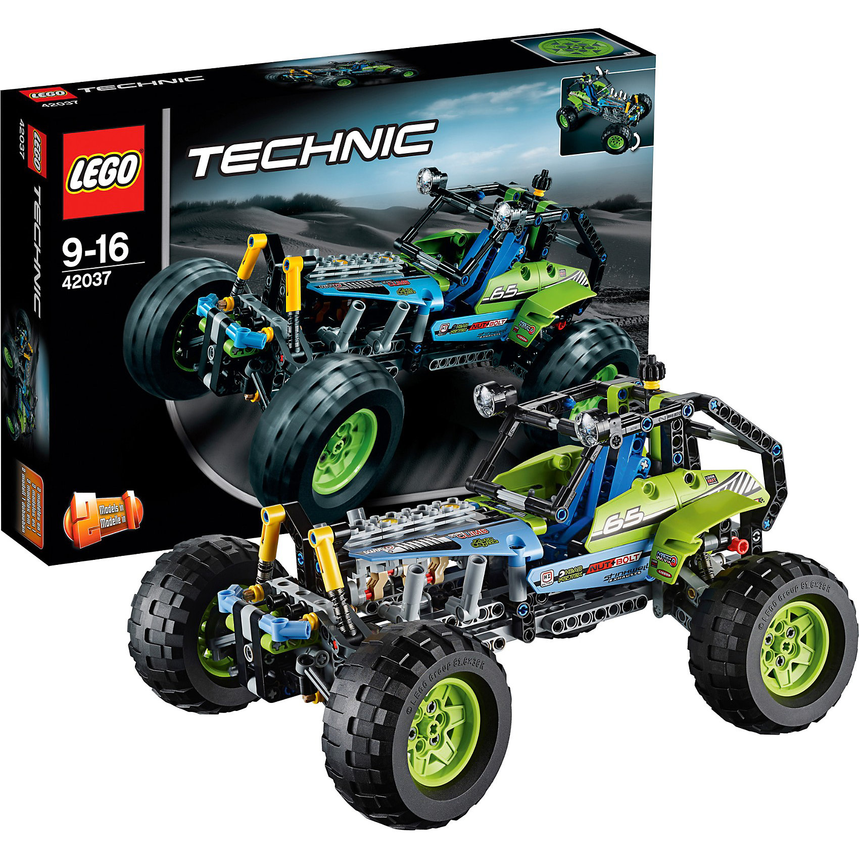 LEGO Technic 42037: Внедорожник LEGO Technic 42037: ВнедорожникС LEGO Technic (ЛЕГО Техник) 42037: Внедорожник юных автомехаников ожидают часы увлекательной игры, которая может перерасти в настоящее увлечение. Кроме того, обучающий конструктор способствует выработке усидчивости, тренирует внимание и логическое мышление. Разработчики ЛЕГО позаботились не только об имитации основных механизмов авто, но и об экстерьере. Мощные колеса, вытянутая передняя часть, а также сочетание салатового и голубого оттенков придают машине дерзкий спортивный характер. Независимая подвеска оборудована надежными амортизаторами и позволяет легко и быстро преодолевать препятствия. Под капотом располагается четырёхцилиндровый двигатель. Во время движения его поршни синхронно поднимаются и опускаются. В открывающейся кабине предусмотрено удобное сидение для гонщика, приборная панель и руль. На крыше кабины установлены два прожектора и специальный рычаг, отвечающий за поворот передних колёс.<br>Модель 2-в-1: конструктор позволяет собрать из деталей набора гоночный автомобиль.<br><br>Все наборы серии ЛЕГО Техник позволяют собрать довольно подробные модели транспортных средств, которые помогают ребенку составить представление о том, как устроены и работают автомобили. Построение моделей техник способствует развитию мелкой моторики, логики, пространственного воображения. В серии Лего Техник найдутся транспортные средства на любой вкус: тракторы и экскаваторы, внедорожники и квадроциклы, самосвалы и гоночные автомобили. Некоторые машины можно моторизировать с помощью Power Function (продается отдельно). Модели ЛЕГО Техник высокодетализированы и имеют множество подвижных узлов и действующих механизмов.<br><br>Дополнительная информация:<br>-Размеры упаковки: 38,2х26,2х70,5 см<br>-Размер внедорожника в собранном виде: 15х29х20 см<br>-Размер в виде гоночного автомобиля: 12 х 28 х 21 см<br>-Размер в виде <br>-Вес: 0,83 кг<br>-Состав: 494 детали, инструкция<br>-Материал: пластик<br>-Весь набор упакован в фирменную картонную коробку ЛЕГО<br><br>LEGO Technic (ЛЕГО Техник) 42037: Внедорожник можно купить в нашем магазине.<br><br>Ширина мм: 386<br>Глубина мм: 263<br>Высота мм: 76<br>Вес г: 981<br>Возраст от месяцев: 108<br>Возраст до месяцев: 192<br>Пол: Мужской<br>Возраст: Детский<br>SKU: 3786098