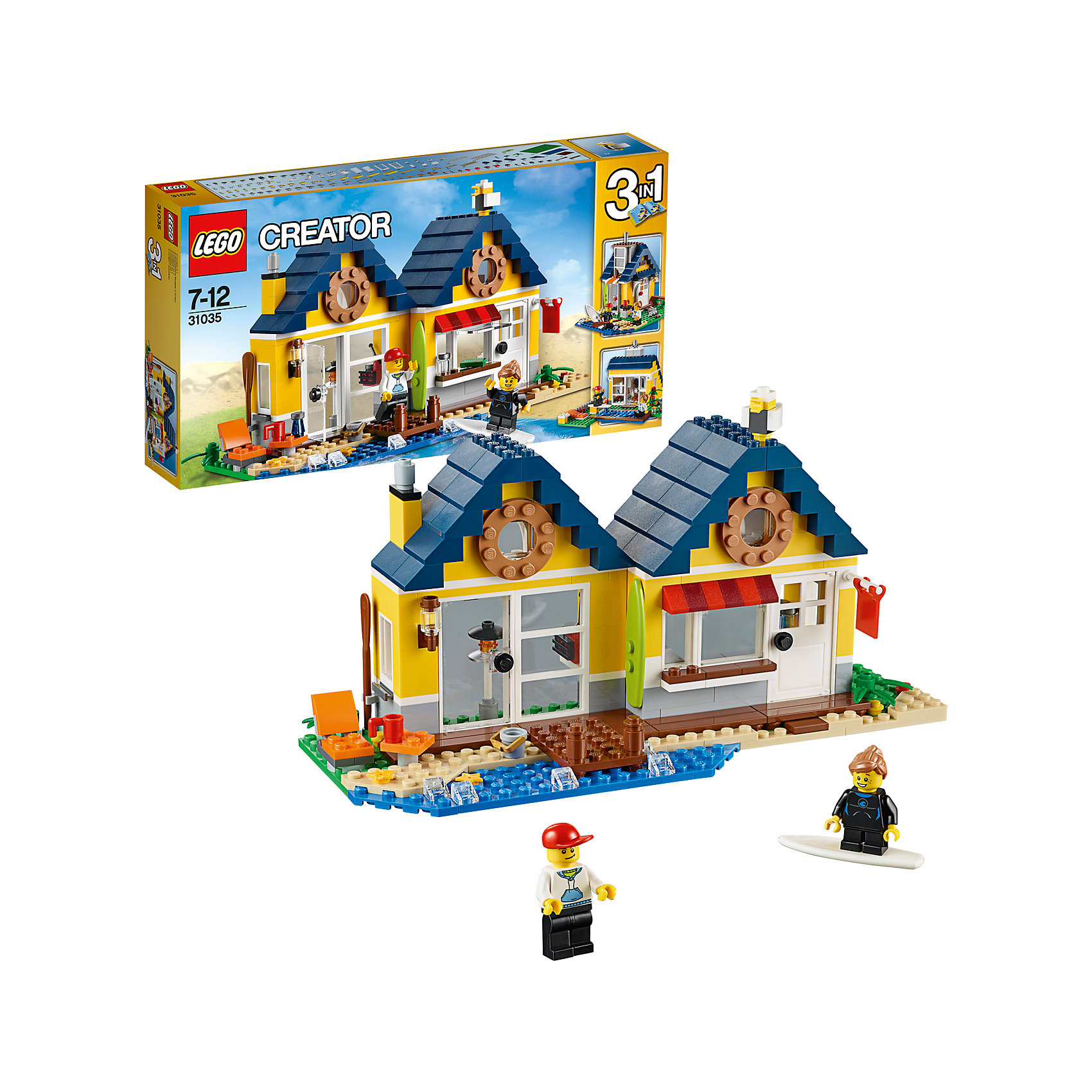 LEGO Creator 31035: Домик на пляже LEGO Creator 31035: Домик на пляжеПластмассовые конструкторы<br>LEGO Creator (ЛЕГО Криэйтор) 31035: Домик на пляже – это мечта любого серфингиста, ведь в нем есть все необходимое для отличного отдыха и занятий спортом. Изучив подробную схему, малыш сможет собрать домик на 2 комнаты, каждая из которых имеет свой вход и интерьер. Внешние стены выкрашены в желтый цвет, а крыша выложена синей черепицей. Перед входом находится песчаный пляж и деревянный пирс, ведущий в море. На пляже можно установить столик с напитками и шезлонг. На стенах дома располагаются крепления для фонаря, весла и досок для серфинга. Немного фантазии и смекалки, и уютный домик способен трансформироваться в настоящий магазин спортивного инвентаря или летнюю хижину с бассейном.<br><br>С помощью конструкторов серии ЛЕГО Криэйтор малыш учится собственными руками создавать что-то новое, познает устройство окружающей действительности, развивает мышление и творческие навыки. Особенность этой серии в том, что у одного набора существует 3 готовых варианта сборки. Но также ребенок может проявлять собственную фантазию и собирать то, что ему захочется. В серию входят стандартные кубики, из которых можно собрать дома, автомобили и многое другое. Все выпускаемые конструкторы ЛЕГО Криэйтор взаимозаменяемы, поэтому детали от любого набора прекрасно подойдут к уже имеющемуся конструктору.<br><br>Дополнительная информация:<br>-Количество деталей: 286 шт.<br>-Размер упаковки: 35,4x19,1x5,9 см<br>-Размеры домика: 13 х 10 х 26 см<br>-Размеры магазина: 24 х 13 х 16 см<br>-Размеры хижины с бассейном: 12 х 20 х 19 см<br>-Вес: 0,59 кг<br>-Материал: пластик<br><br>LEGO Creator (ЛЕГО Криэйтор) 31035: Домик на пляже можно купить в нашем магазине.<br><br>Ширина мм: 355<br>Глубина мм: 190<br>Высота мм: 60<br>Вес г: 576<br>Возраст от месяцев: 84<br>Возраст до месяцев: 144<br>Пол: Унисекс<br>Возраст: Детский<br>SKU: 3786115
