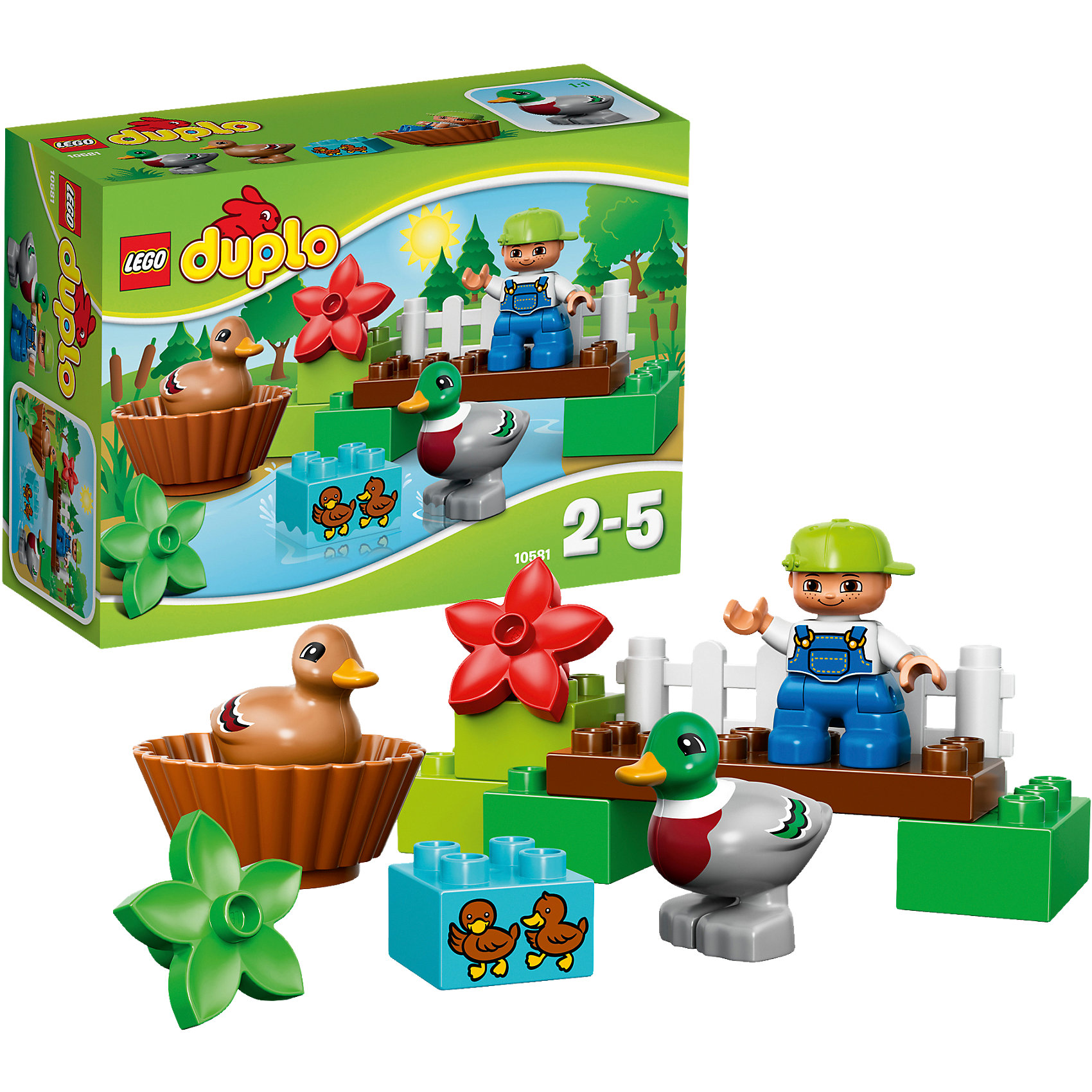 LEGO DUPLO 10581: Уточки в лесу LEGO DUPLO 10581: Уточки в лесуКонструкторы для малышей<br>Замечательная новинка от LEGO DUPLO (ЛЕГО Дупло) 10581: Уточки в лесу! Представьте прекрасное озеро на котором поселилась замечательная утиная семья. Покажите малышу, как построить на полянке мостик по которому уточки смогут ходить на прогулку. Украсьте полянку цветочками. Малышам особенно понравится строить гнездо для утят. Они совсем маленькие и еще не могут гулять одни. Строя пирамидки, мостики и просто соединяя детали между собой ребёнок в увлекательной игровой форме тренирует мелкую моторику и координацию. Создайте милые и увлекательные сюжеты с набором LEGO DUPLO (ЛЕГО Дупло) 10581: Уточки в лесу! <br><br>Конструкторы LEGO DUPLO (ЛЕГО ДУПЛО) созданы специально для детей дошкольного возраста. Они сочетают увлекательную игру и обучение, а также развивают мелкую моторику, пространственное мышление и творческие способности малышей. Кубики LEGO DUPLO (ЛЕГО ДУПЛО) в 8 раз больше, чем обычные, что позволяет ребенку удобно держать их ручками и быстро строить. Большое количество дополнительных элементов делает игровые сюжеты по-настоящему захватывающими и реалистичными. Все наборы LEGO DUPLO (ЛЕГО ДУПЛО) соответствуют самым высоким европейским стандартам качества и абсолютно безопасны. <br><br>Дополнительная информация:<br><br>- Конструкторы LEGO (ЛЕГО) отлично развивают моторику, мышление и фантазию Вашего ребенка;<br>- В комплекте: минифигурка мальчика, деревянный мостик, белая изгородь, цветы, гнездо, кирпичик с изображением двух утят, мама-уточка и папа-селезень;<br>- Количество деталей: 13 шт;<br>- Идеальный первый конструктор;<br>- Серия: LEGO DUPLO (ЛЕГО Дупло);<br>- Материал: безопасный пластик;<br>- Размер упаковки: 19 x 14 x 7 см;<br>-Вес: 300 г<br><br>Конструктор LEGO DUPLO (ЛЕГО Дупло) 10581: Уточки в лесу можно купить в нашем магазине.<br><br>Ширина мм: 199<br>Глубина мм: 144<br>Высота мм: 73<br>Вес г: 168<br>Возраст от месяцев: 24<br>Возраст до месяцев: 60<br>Пол: Унисекс<br>Возраст: Детский<br>SKU: 3786183