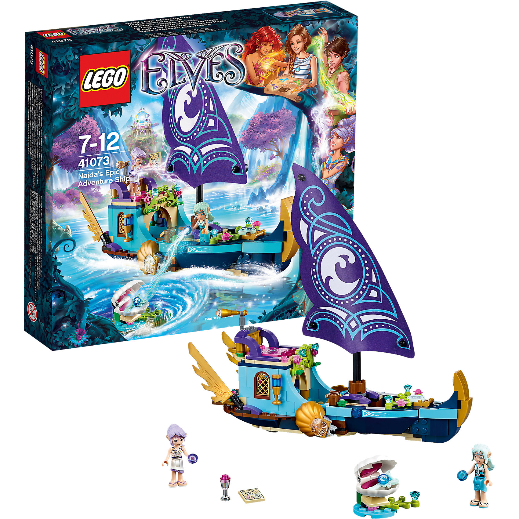 LEGO Elves 41073: Корабль Наиды LEGO Elves 41073: Корабль НаидыПластмассовые конструкторы<br>Отправляйся в увлекательное плаванье вместе с Наидой и Эйрой на легендарном корабле Наиды! Помоги им найти волшебный ключ воды, чтобы отправить Эмили Джонс домой в мир людей. Пользуйся телескопом, чтобы заглянуть в глубину хрустальных вод в поисках гигантской устричной раковины, в которой находится спрятанный ключ. Потом помоги эльфам соединить их волшебную силу воды и ветра, чтобы достичь дна океана и открыть створки моллюска. Теперь можно расслабиться на сиденьях в форме ракушек и опустить ноги в прохладную воду или же приготовить вкусную еду на камбузе и насладись ею, сидя на подушках. <br><br>LEGO Elves (ЛЕГО Эльфы) - удивительная серия, рассказывающая о таинственном и волшебном мире эльфов, в который попала девушка из обычного мира, Эмили Джонс. <br><br>Дополнительная информация:<br><br>- Конструкторы ЛЕГО развивают усидчивость, внимание, фантазию и мелкую моторику. <br>- Комплектация: 2 минифигурки, гигантский моллюск, кристаллы, корабль с камбузом, каютой, большим парусом, штурвалом, телескопом, аксессуары.<br>- В комплекте 2 минифигурки - Наида Сердце Реки и Эйра Шепот Ветра.<br>- Количество деталей: 312 шт.<br>- Серия ЛЕГО Эльфы (LEGO Elves).<br>- Материал: пластик.<br>- Размер упаковки: 28х26,5х6 см.<br>- Вес: 0,475 кг<br><br>Конструктор LEGO Elves 41073: Корабль Наиды можно купить в нашем магазине.<br><br>Ширина мм: 280<br>Глубина мм: 261<br>Высота мм: 60<br>Вес г: 470<br>Возраст от месяцев: 84<br>Возраст до месяцев: 144<br>Пол: Женский<br>Возраст: Детский<br>SKU: 3786190