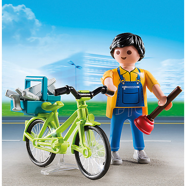 Экстра-набор: Мастер с инструментами на велосипеде, PLAYMOBIL Экстра-набор: Мастер с инструментами на велосипеде, PLAYMOBILПластмассовые конструкторы<br>В набор входят детали для сборки велосипеда, фигурка мастера, который его чинит и аксессуары, которые сделают игру еще реалистичнее и увлекательнее. Фигурка имеет подвижные конечности, в руки можно вложить инструменты. Все детали прекрасно проработаны и выполнены из высококачественного экологичного пластика безопасного для детей. Играть с таким набором не только приятно и интересно - подобные виды игры развивают мелкую моторику, воображение, творческое мышление.<br><br>Дополнительная информация:<br><br>- 1 фигурка в наборе. <br>- Комплектация: фигурка, велосипед, аксессуары (инструменты, ящик для инструментов).<br>- Материал: пластик.<br>- Размер упаковки: 13х10х3 см.<br>- Высота фигурки: 7,5 см.<br>- Голова, руки, ноги у фигурки подвижные.<br><br>Экстра-набор: Мастер с инструментами на велосипеде, PLAYMOBIL (Плеймобил), можно купить в нашем магазине.<br><br>Ширина мм: 126<br>Глубина мм: 93<br>Высота мм: 35<br>Вес г: 52<br>Возраст от месяцев: 48<br>Возраст до месяцев: 120<br>Пол: Мужской<br>Возраст: Детский<br>SKU: 3786352