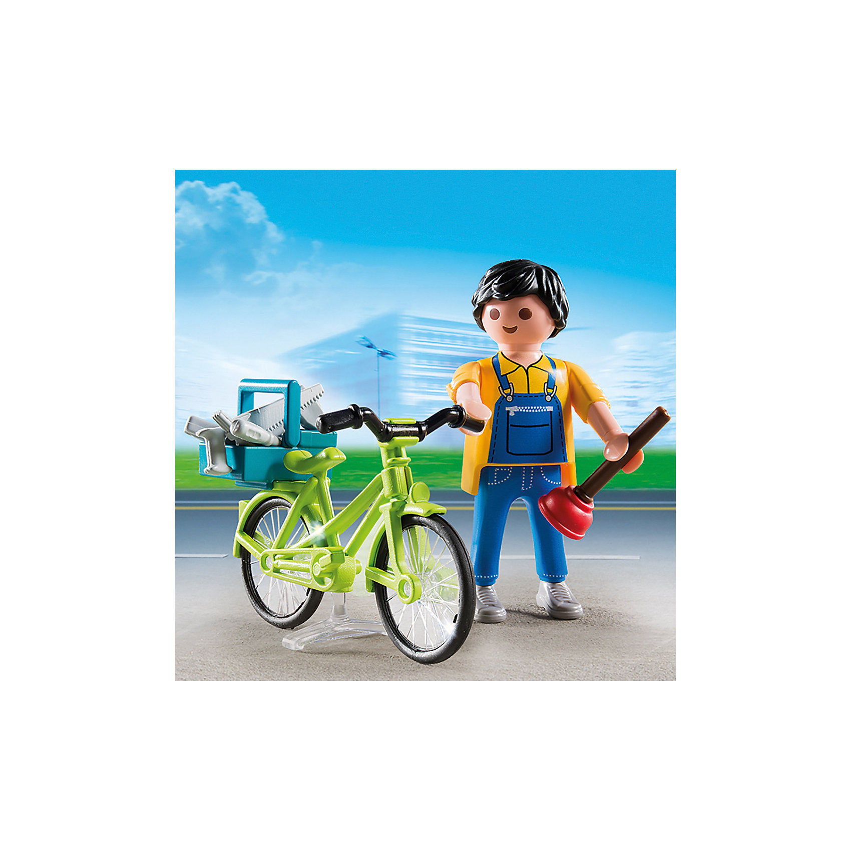 Экстра-набор: Мастер с инструментами на велосипеде, PLAYMOBIL Экстра-набор: Мастер с инструментами на велосипеде, PLAYMOBILПластмассовые конструкторы<br>В набор входят детали для сборки велосипеда, фигурка мастера, который его чинит и аксессуары, которые сделают игру еще реалистичнее и увлекательнее. Фигурка имеет подвижные конечности, в руки можно вложить инструменты. Все детали прекрасно проработаны и выполнены из высококачественного экологичного пластика безопасного для детей. Играть с таким набором не только приятно и интересно - подобные виды игры развивают мелкую моторику, воображение, творческое мышление.<br><br>Дополнительная информация:<br><br>- 1 фигурка в наборе. <br>- Комплектация: фигурка, велосипед, аксессуары (инструменты, ящик для инструментов).<br>- Материал: пластик.<br>- Размер упаковки: 13х10х3 см.<br>- Высота фигурки: 7,5 см.<br>- Голова, руки, ноги у фигурки подвижные.<br><br>Экстра-набор: Мастер с инструментами на велосипеде, PLAYMOBIL (Плеймобил), можно купить в нашем магазине.<br><br>Ширина мм: 126<br>Глубина мм: 93<br>Высота мм: 35<br>Вес г: 52<br>Возраст от месяцев: 48<br>Возраст до месяцев: 120<br>Пол: Мужской<br>Возраст: Детский<br>SKU: 3786352
